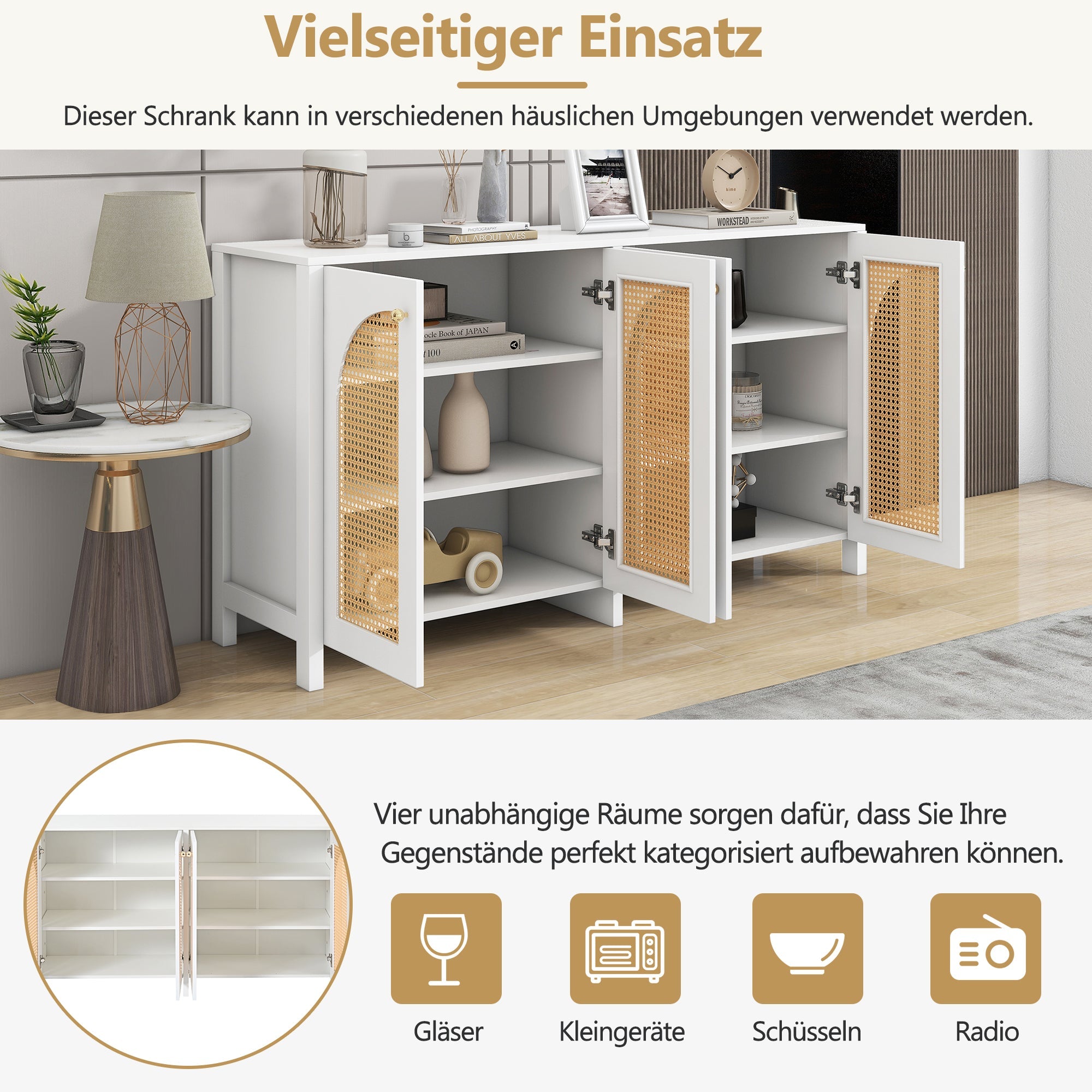 Logidon Modern dressoir 4 rotan deuren wit 145x40x80 cm