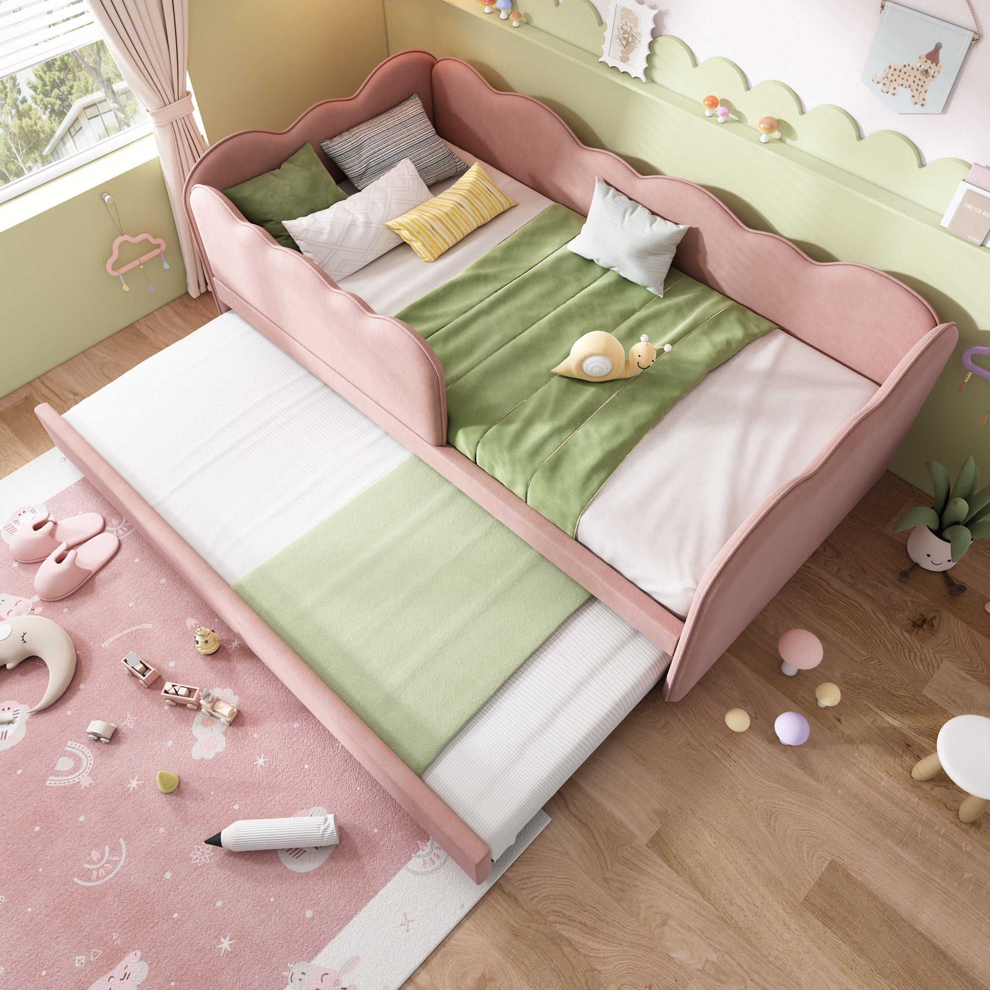 Logidon gestoffeerd dagbed 90x190 roze met uitschuifbaar bed