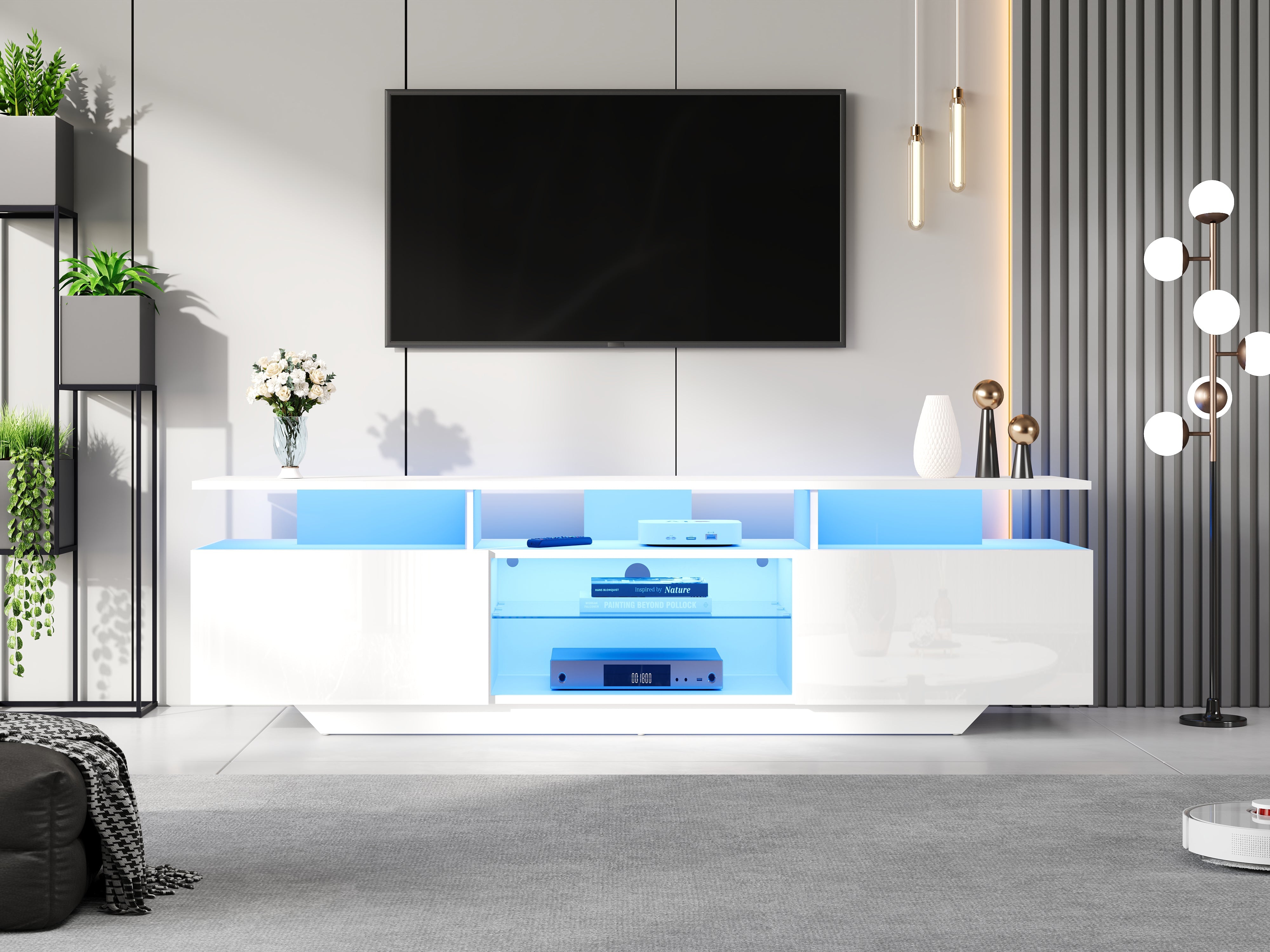 Logidon TV-meubel hoogglans wit 160 x 40 x 45 cm met LED lichtstrip glasplanken