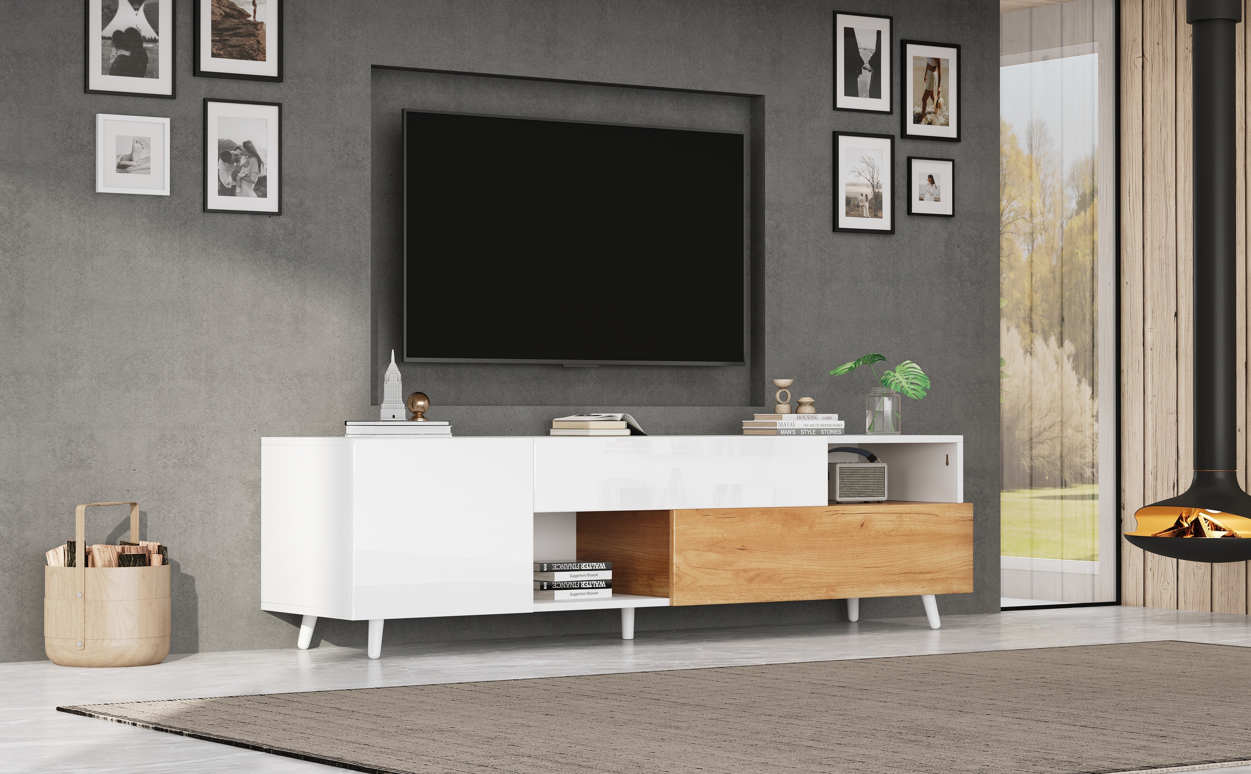 Logidon TV-meubel 180x38x50 cm witte houtlook deur en lade
