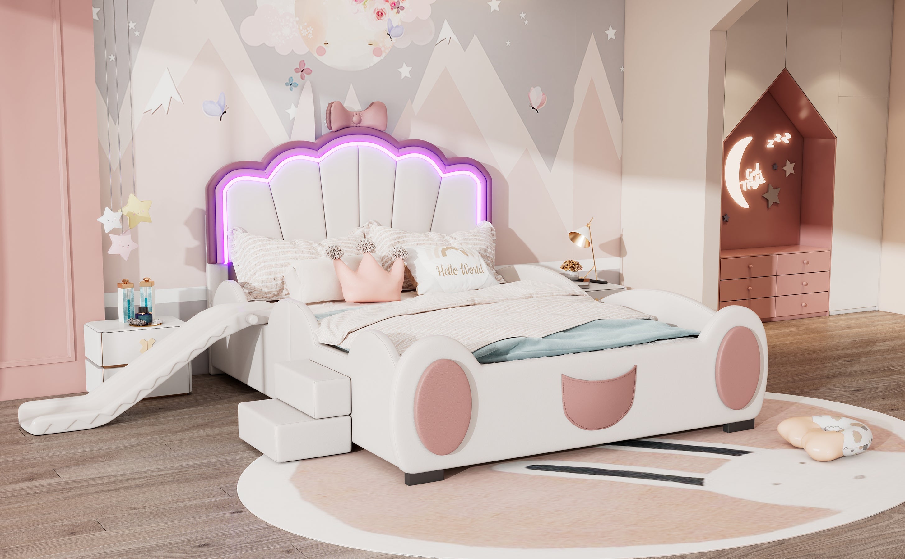 Logidon 90x200 cm Butterfly Bed With LED Color Changing Pink White