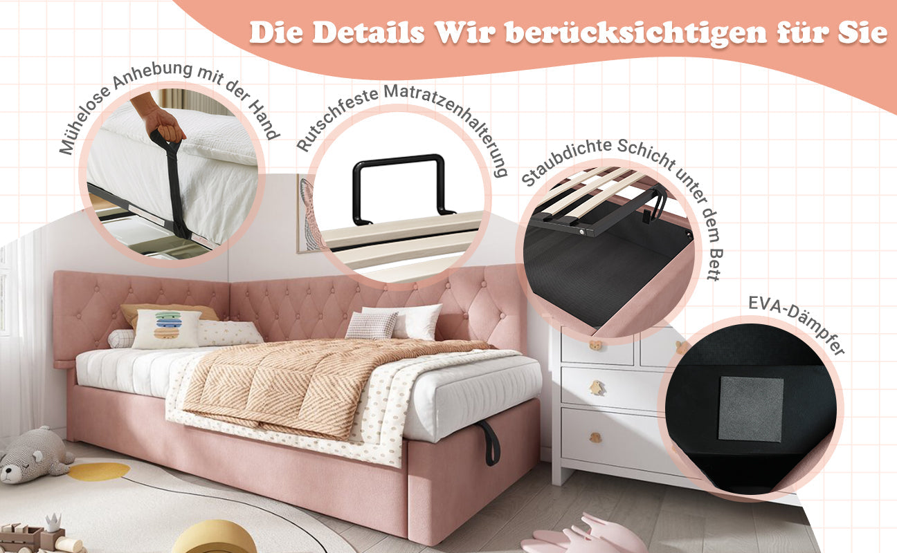 Logidon slaapbank 90x190 roze fluweel met hydraulische opbergruimte