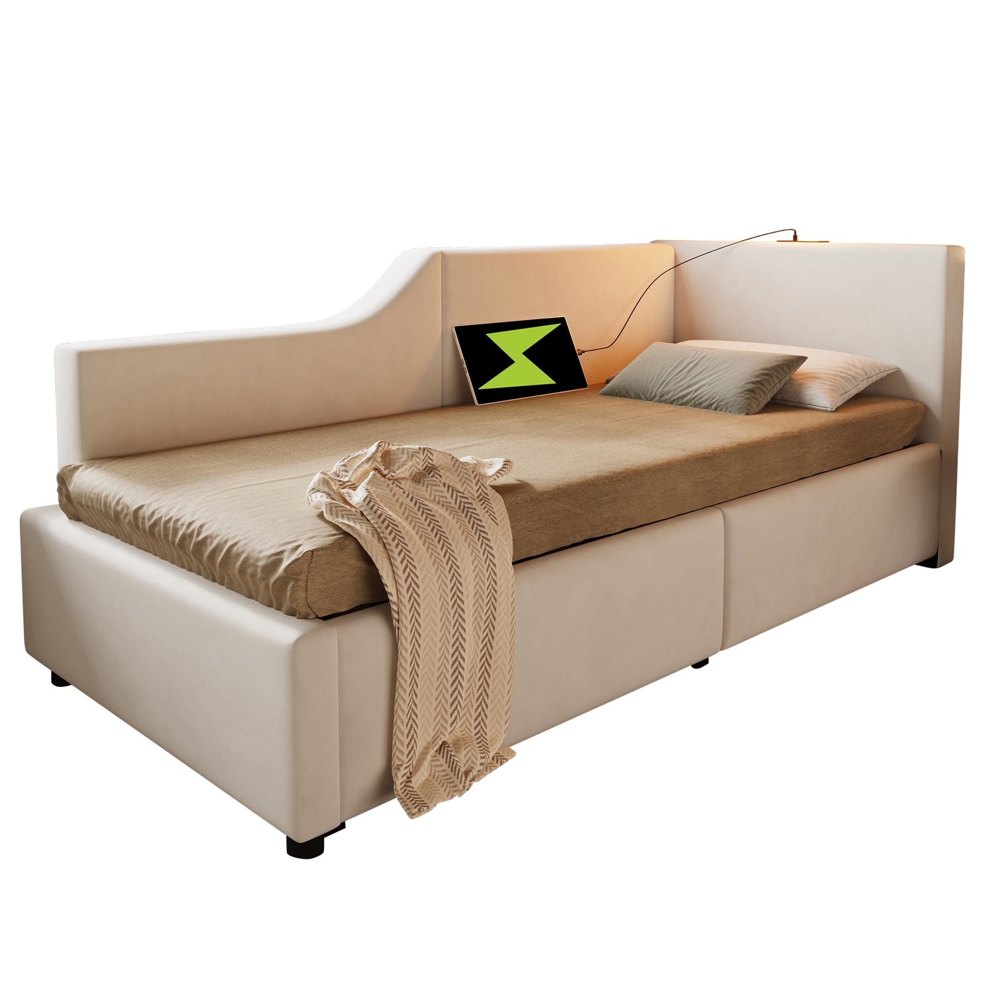 Logidon fluwelen dagbed 90x190 beige met opbergruimte, USB-C, leeslampje