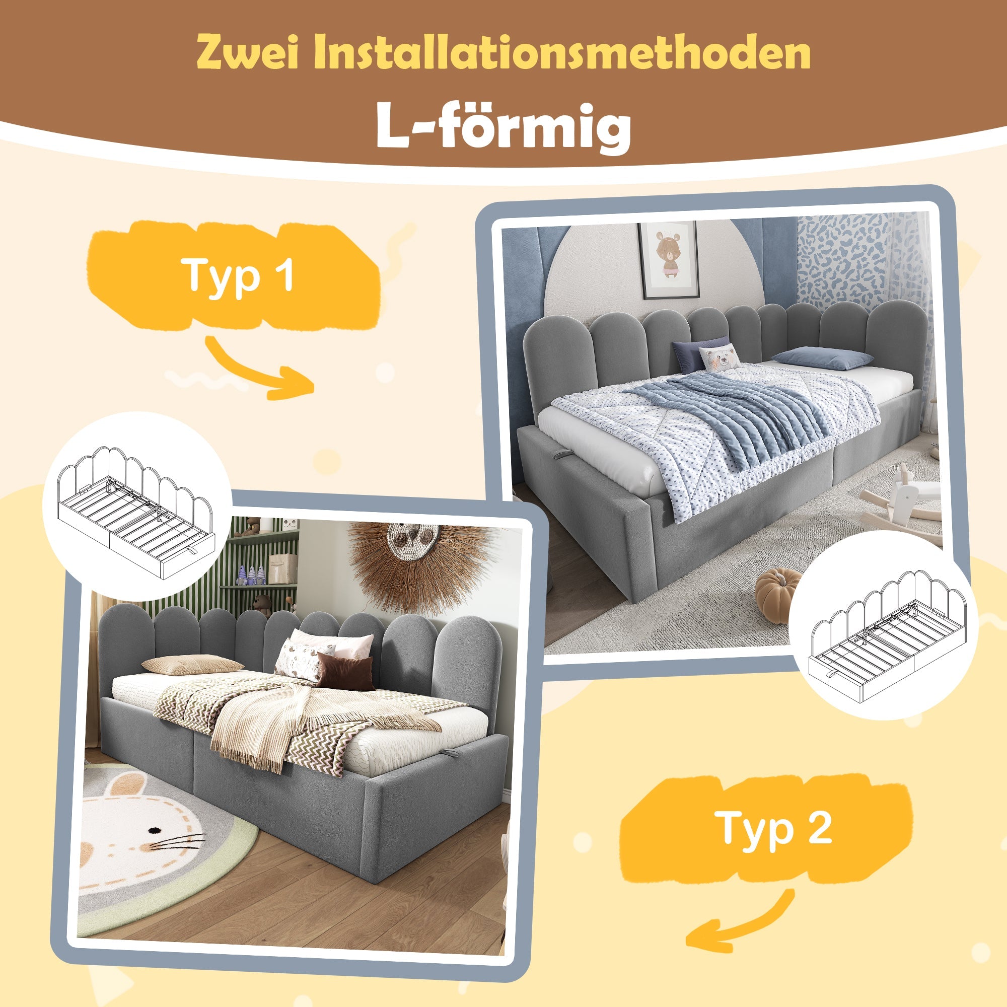 Logidon gestoffeerde dagbed 90x200 cm slaapbank met opbergruimte grijs fluweel