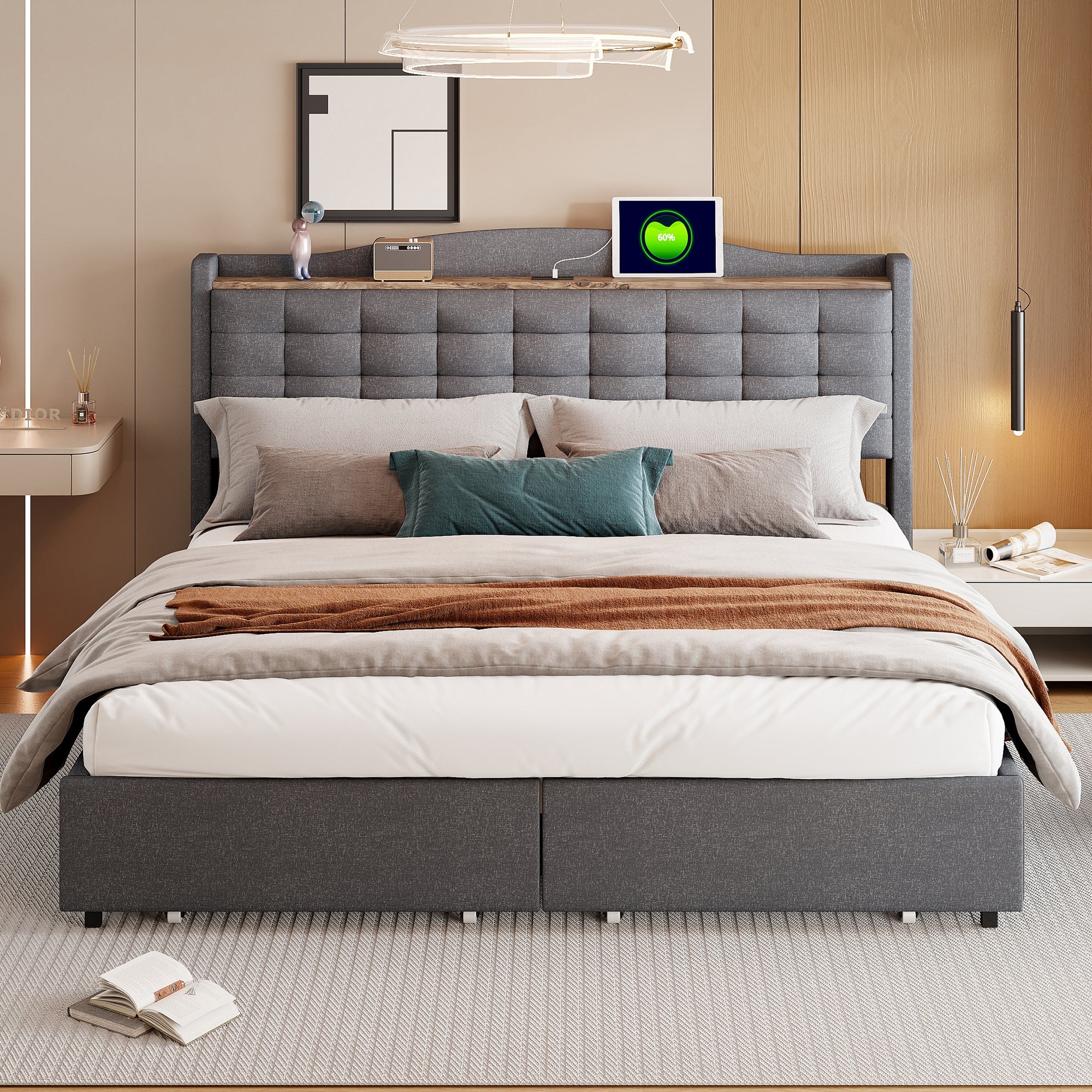 Logidon upholstered bed 160x200 cm gray with USB charging port and shelf