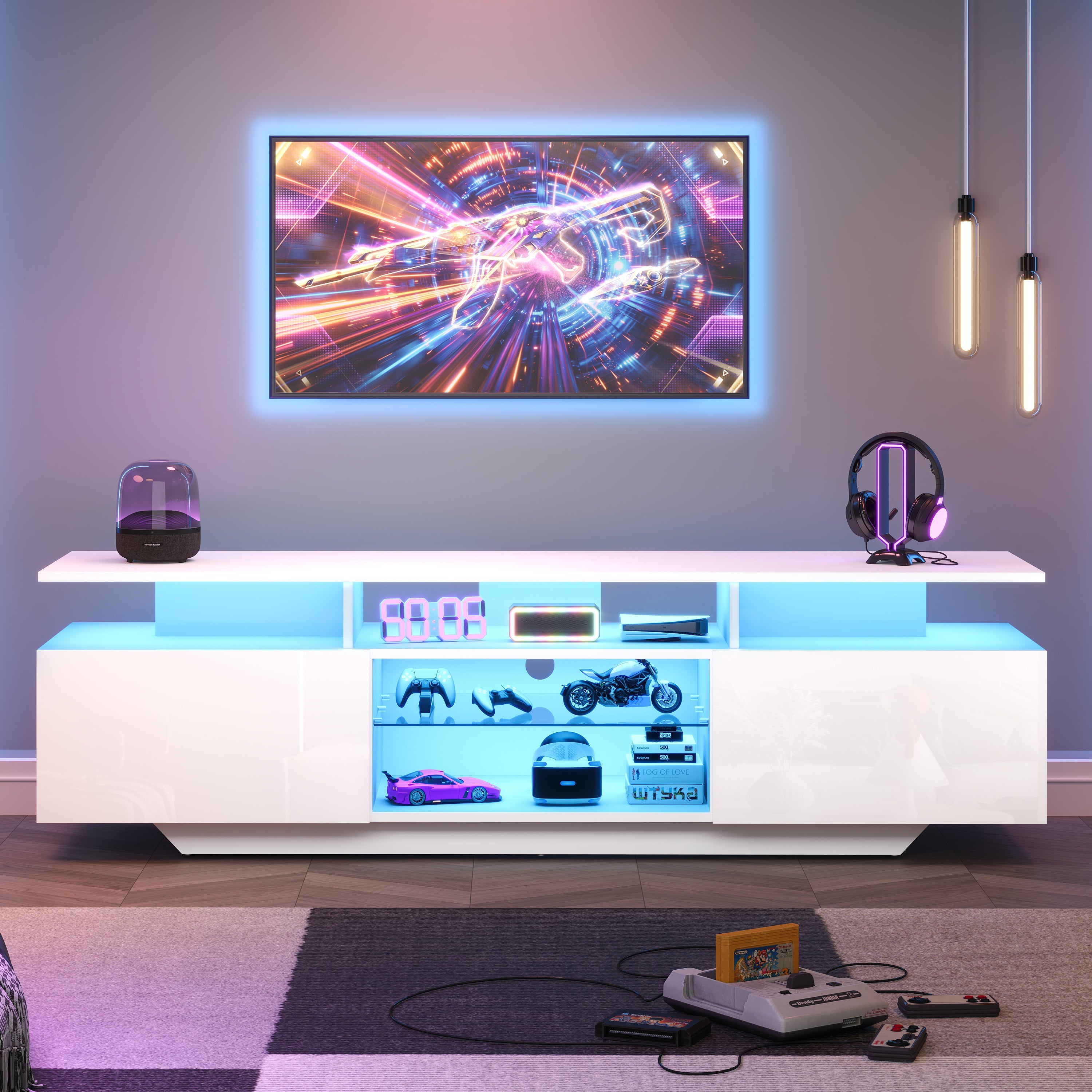 Logidon TV-meubel hoogglans wit 160 x 40 x 45 cm met LED lichtstrip glasplanken