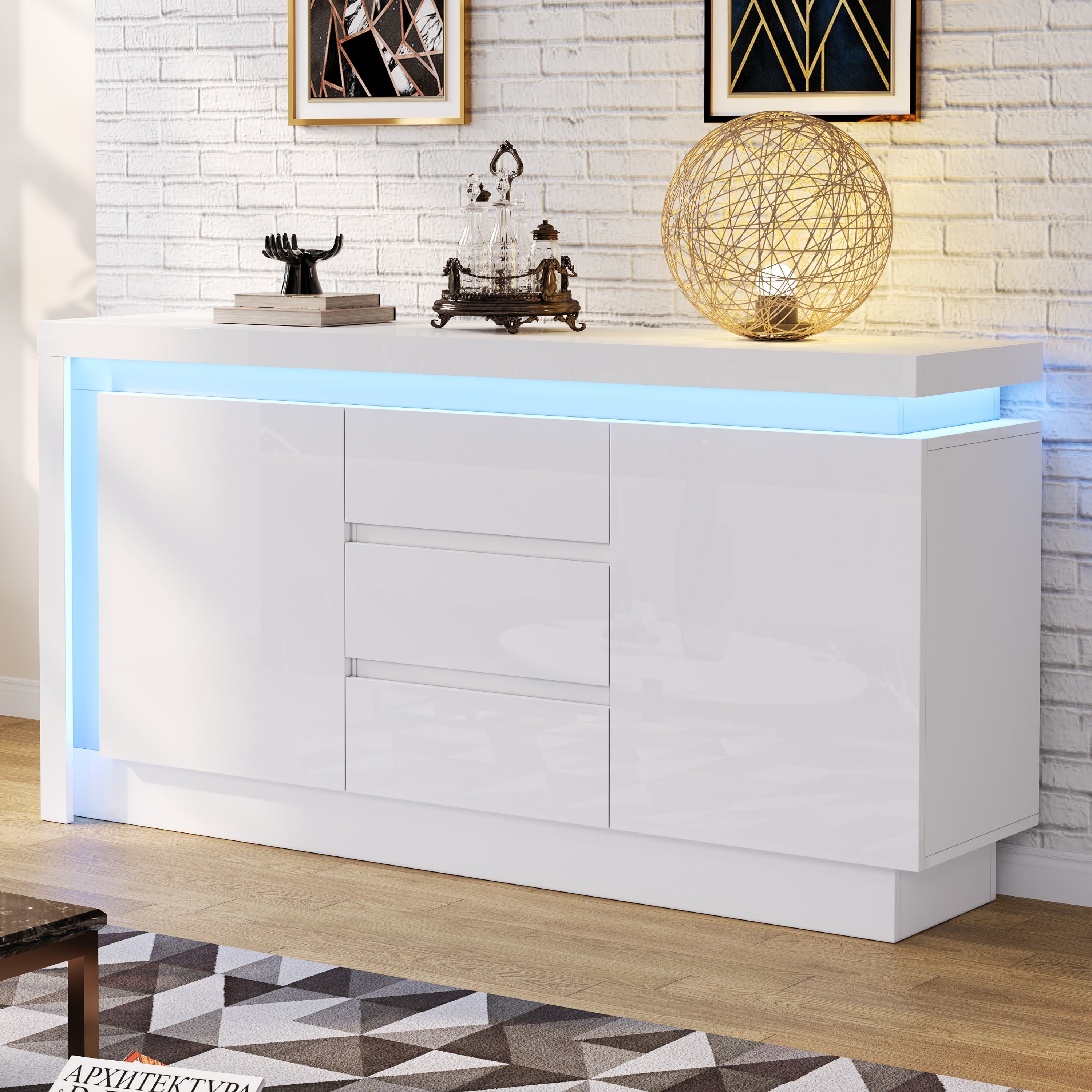 Logidon sideboard 140x35x72 cm white high gloss with LED