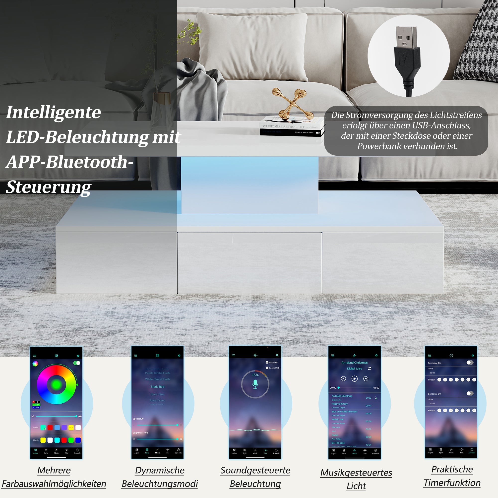 Logidon Salontafel met twee niveaus, witte LED-verlichting