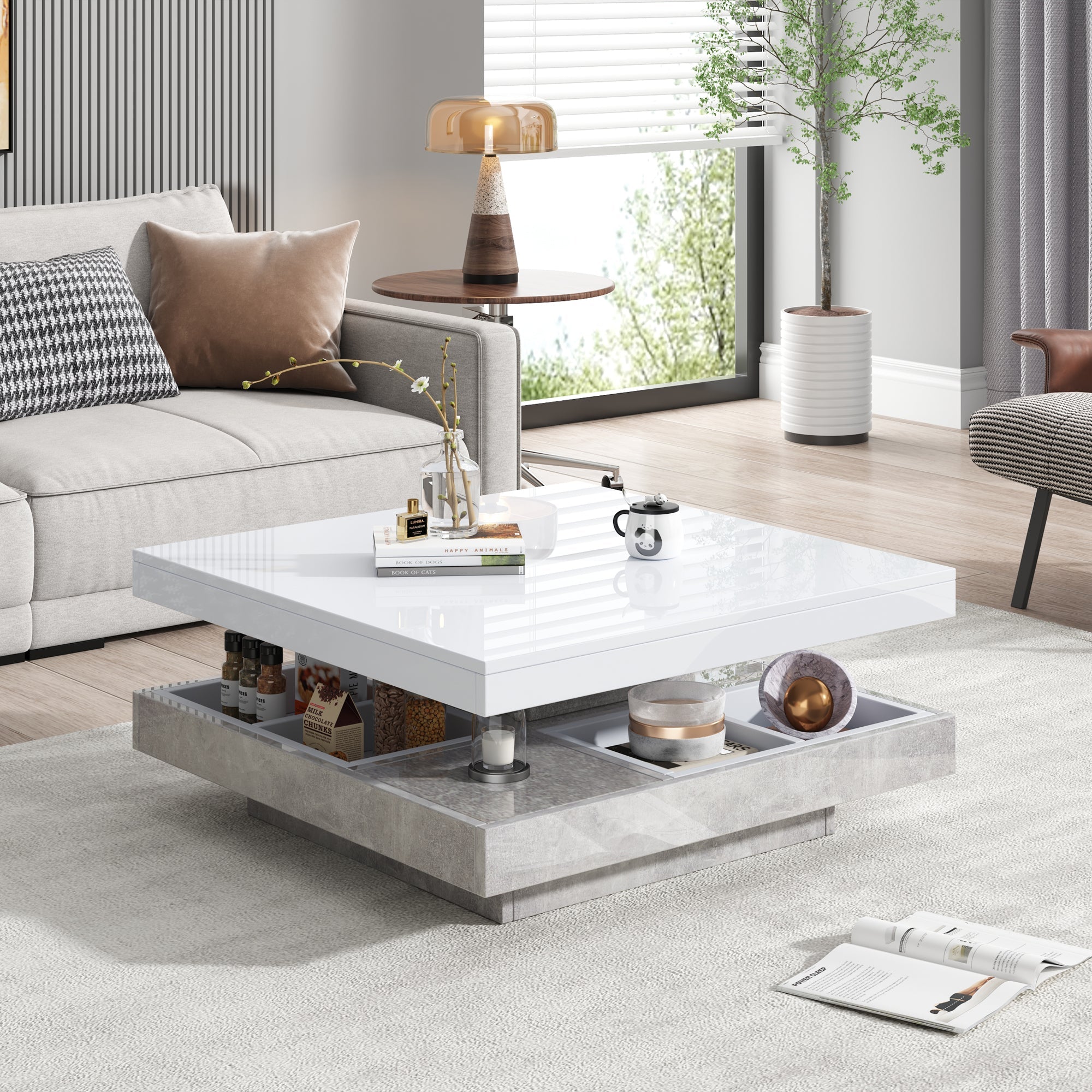 Logidon 360 graden draaibare salontafel 70x70x36 cm wit hoogglans