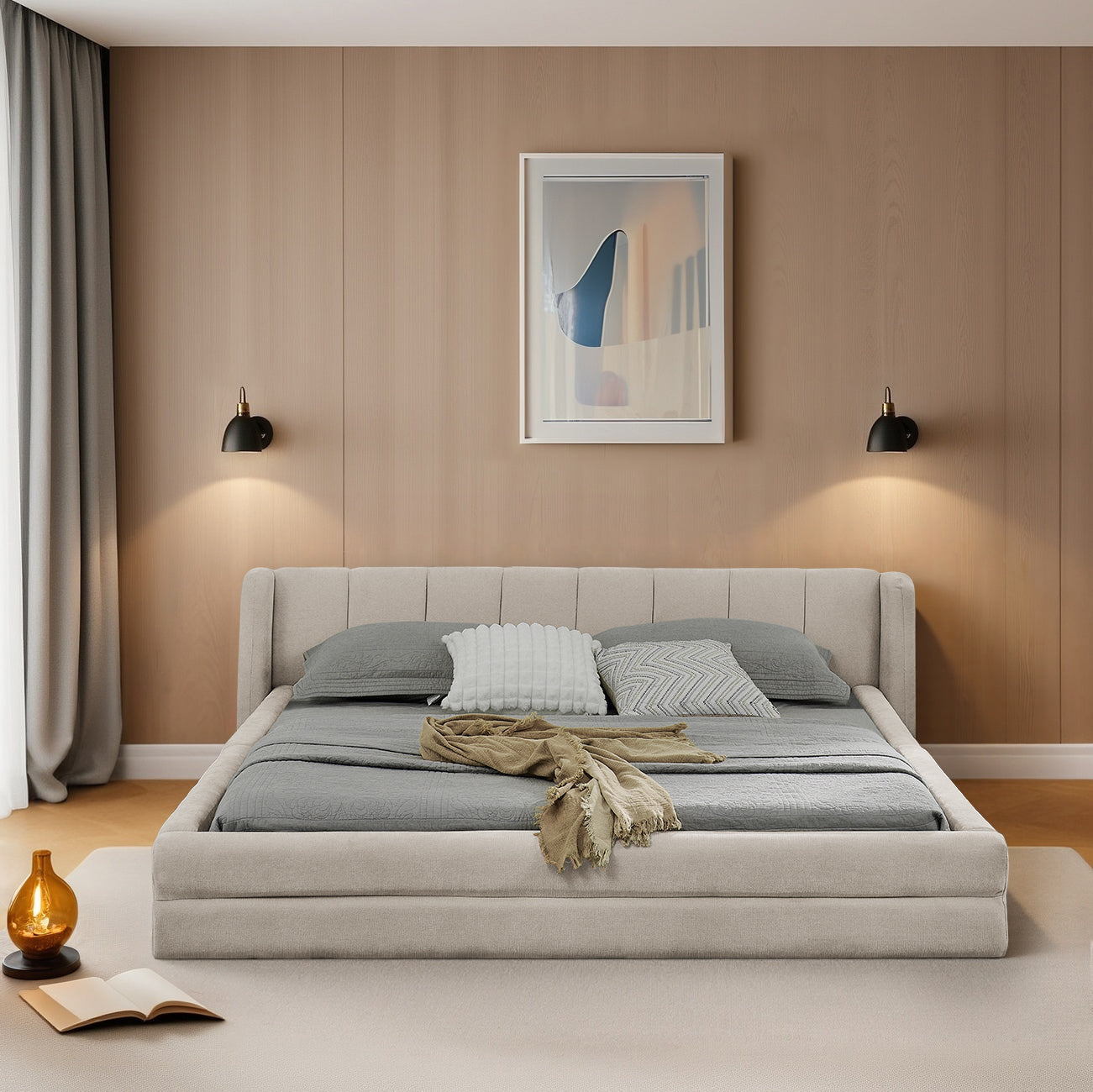 Logidon tweepersoonsbed 160x200 cm beige chenille comfortabel hoofdbord