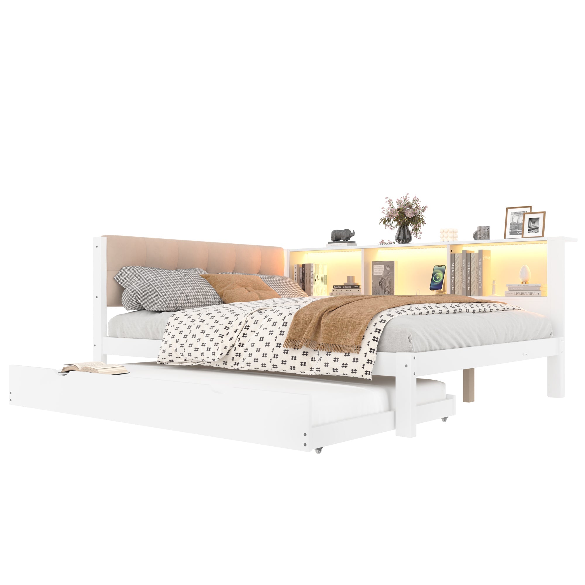 Logidon daybed wit 140x200 CM met uitschuifbaar bed LED-verlichting