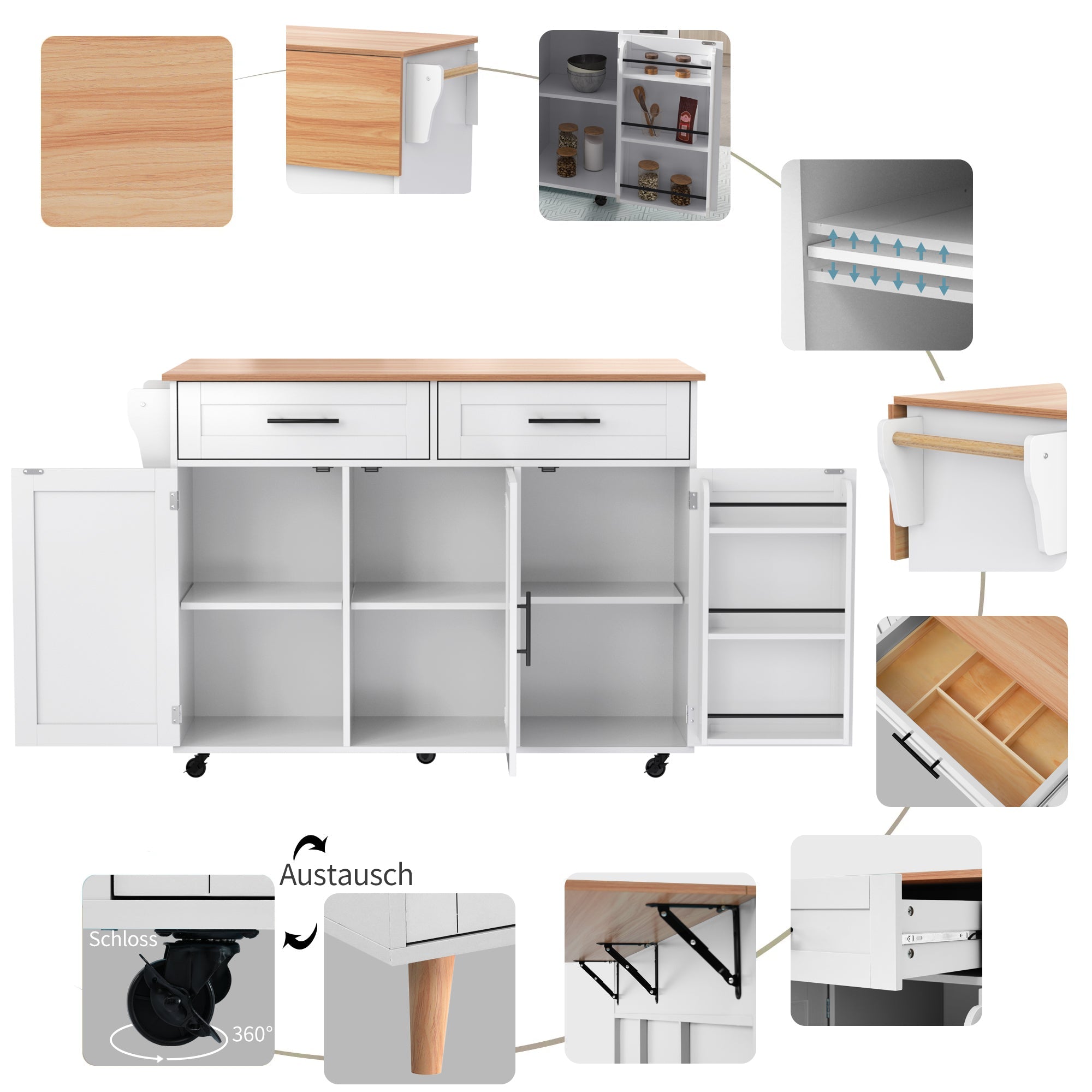 Logidon kitchen trolley solid wood worktop folding top white