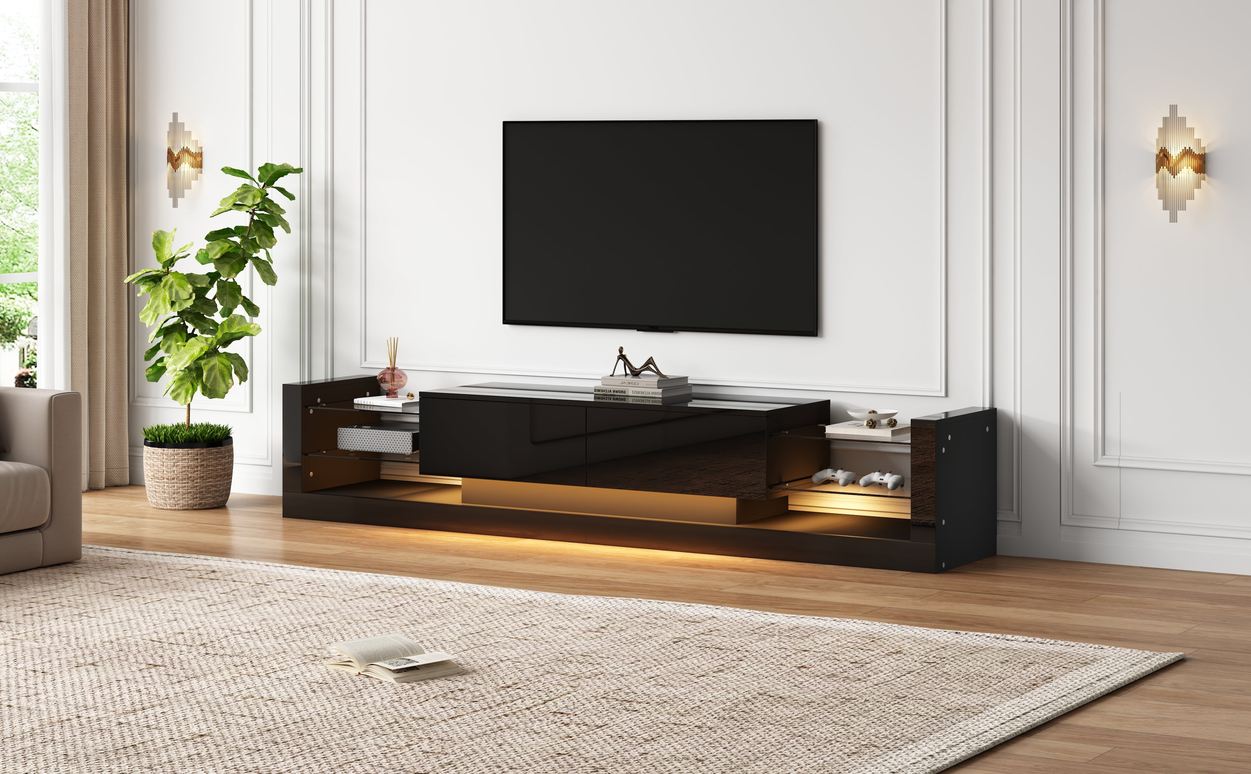 Logidon high-gloss TV cabinet 181 cm LED lighting black glass front