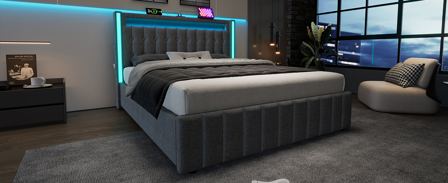 Logidon gestoffeerd bed 140x200 met USB C LED verlichting 4 vakken grijs