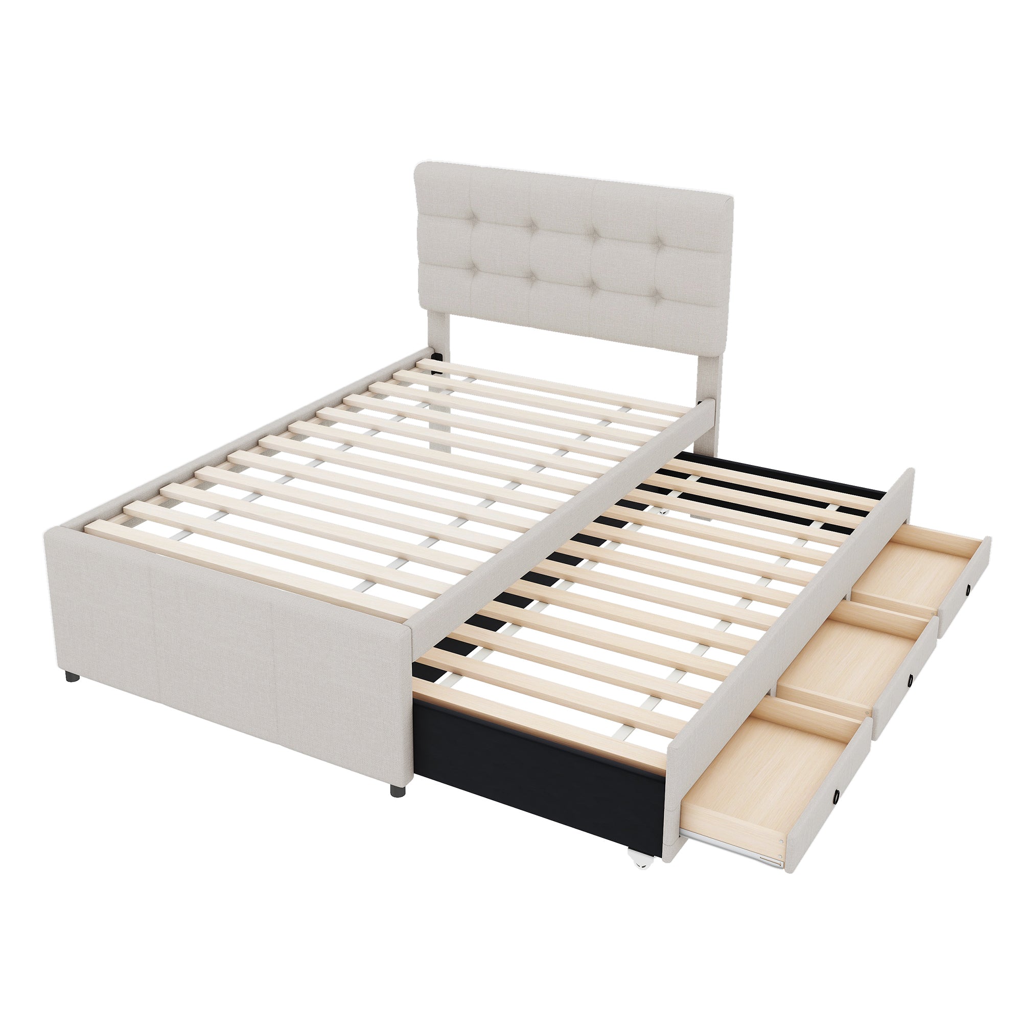 Logidon gestoffeerd bed 90x200 beige uitschuifbaar onderschuifbed 3 lades