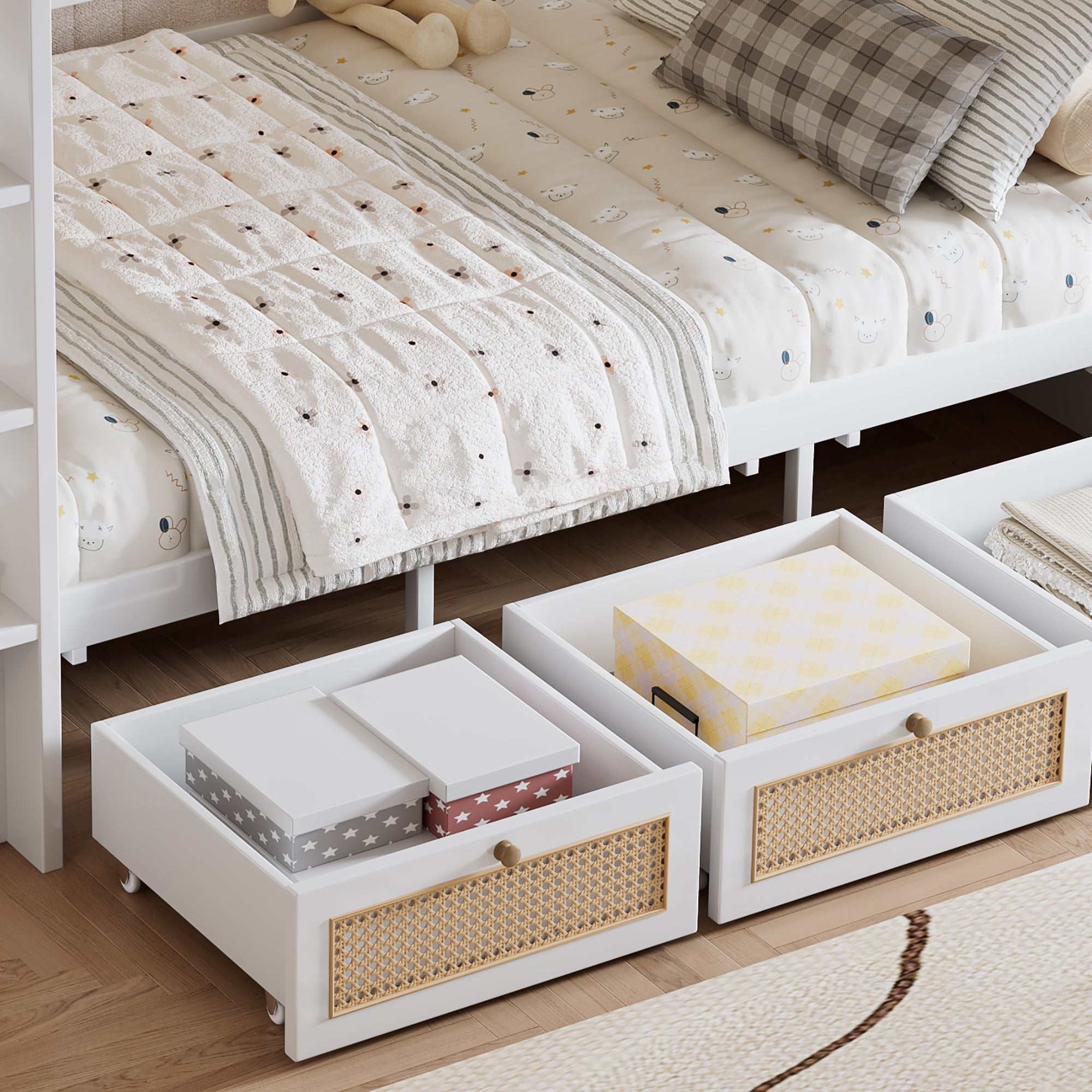 Logidon stapelbed 90x200 cm wit met rotan hekwerk drie lades