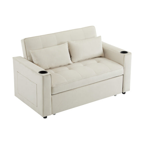 Logidon slaapbank beige fluweel met bekerhouder en kussen