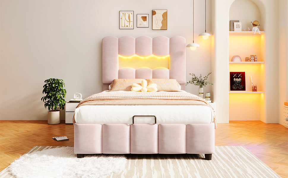 Logidon upholstered bed 90x200 pink velvet LED lighting hydraulic