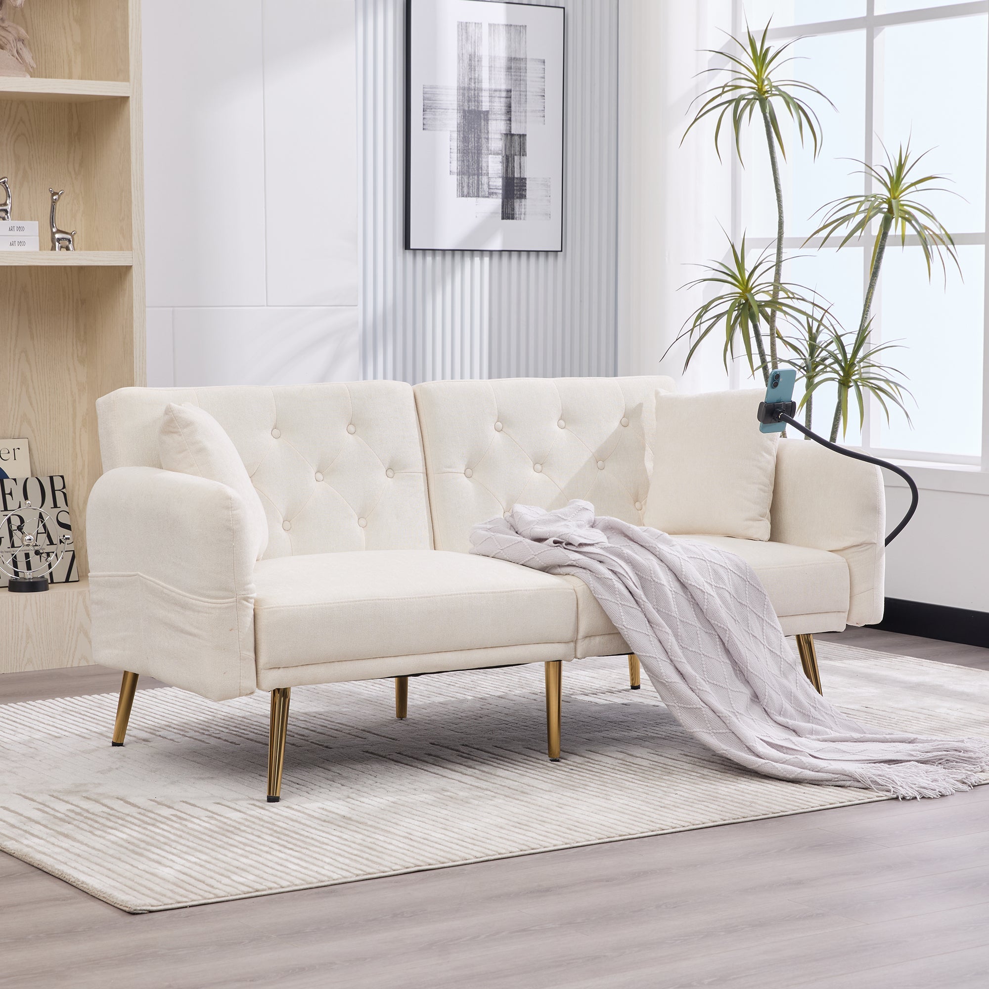 Logidon slaapbank tweezits beige fluweel met verstelbare rugleuning USB