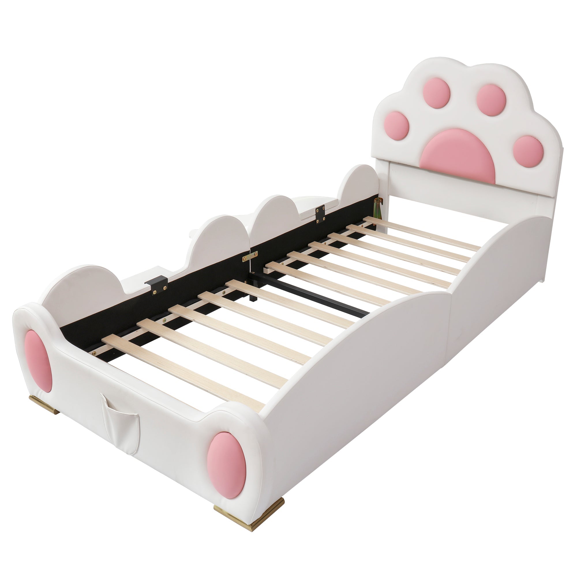 Logidon gestoffeerd bed 90x200 cm wit roze met kattenpoot hoofdeinde