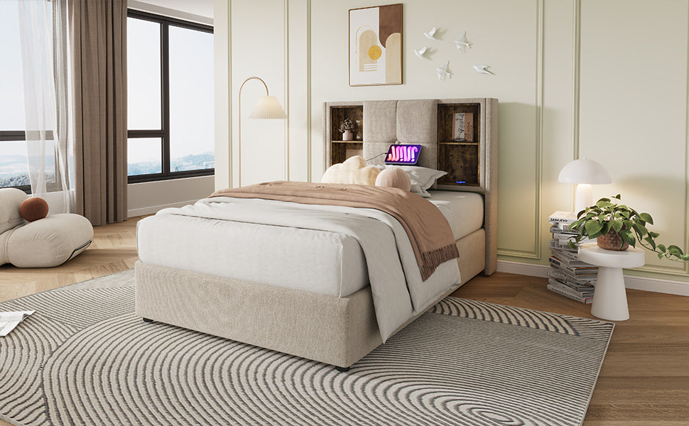 Logidon tweepersoonsbed 140x200 met draadloos opladen USB-C opbergruimte