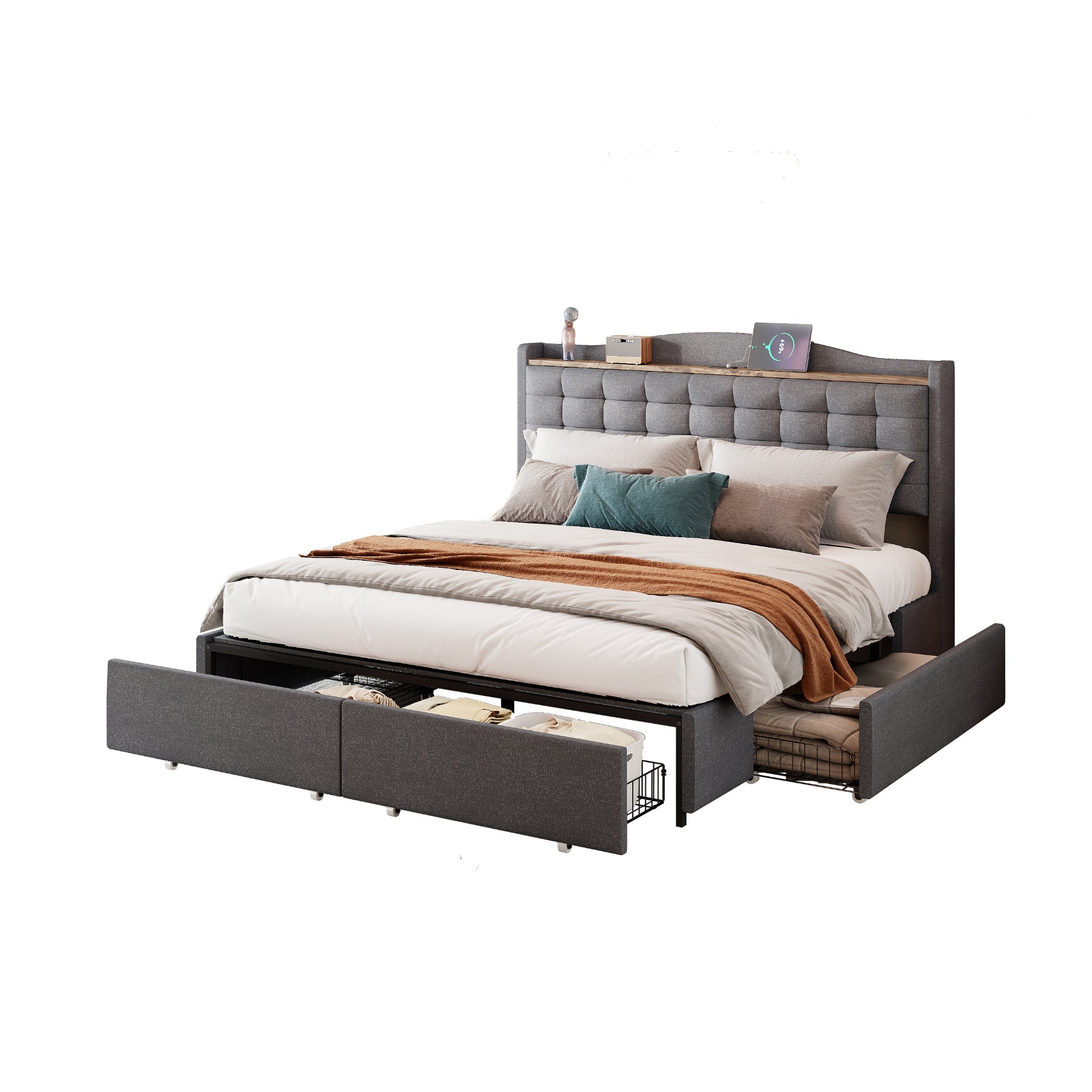 Logidon upholstered bed 160x200 cm gray with USB charging port and shelf