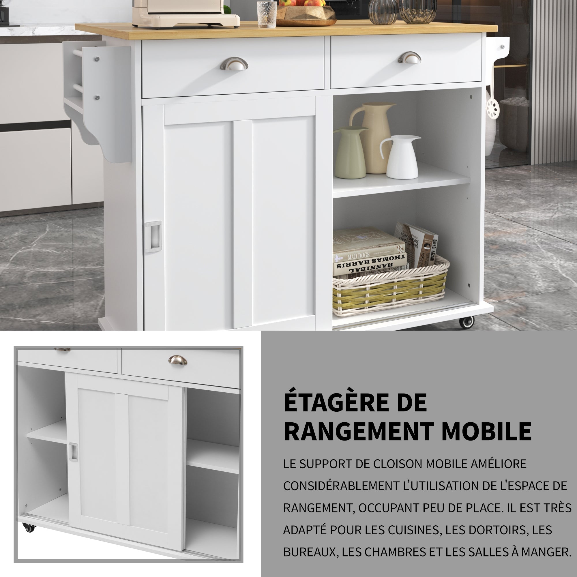 Logidon Dining Room Trolley Sideboard with Folding Table White/Natural Wood