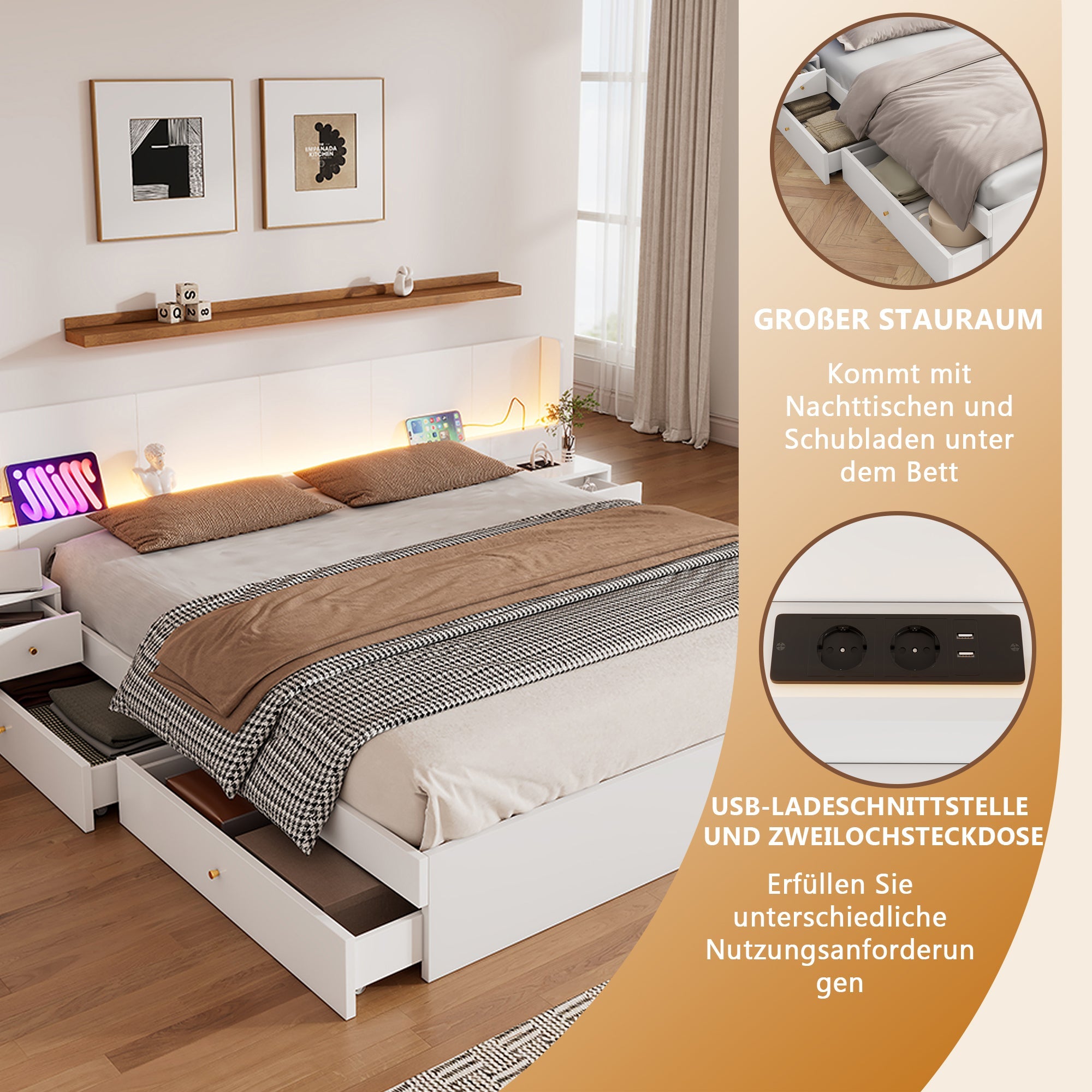 Logidon tweepersoonsbed 180x200 cm wit met USB LED app bediening