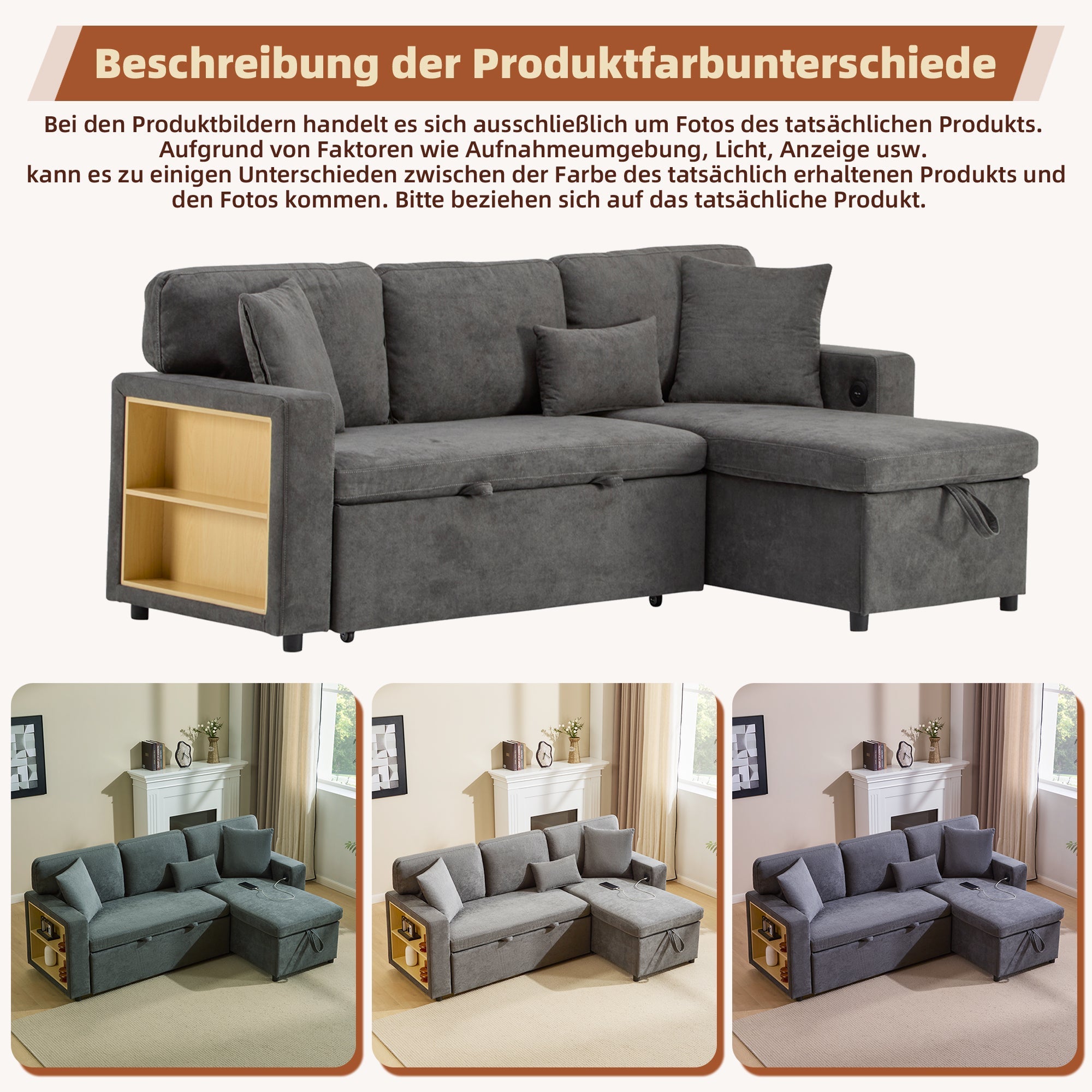 Logidon Corner Sofa Gray Extendable Bed With Bed Box Shelf 214x131