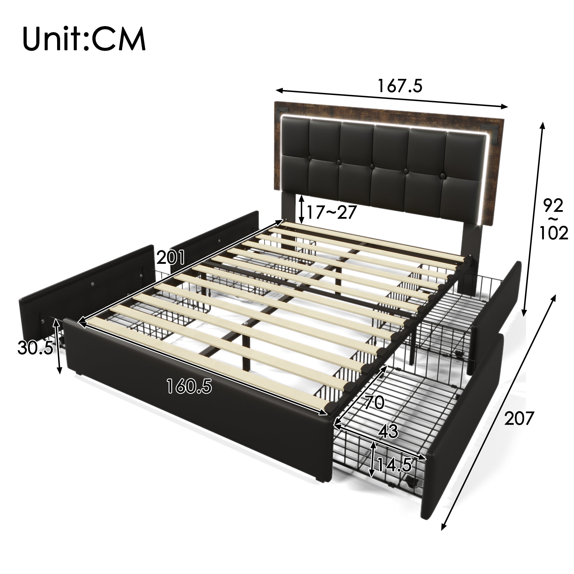 Logidon bedframe 160x200cm met LED-strip en 4 lades zwart