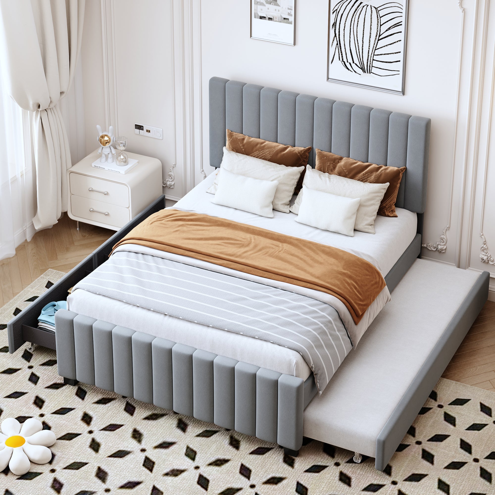 Logidon gestoffeerd bed 140x190 cm uitschuifbaar bed twee laden grijs fluweel