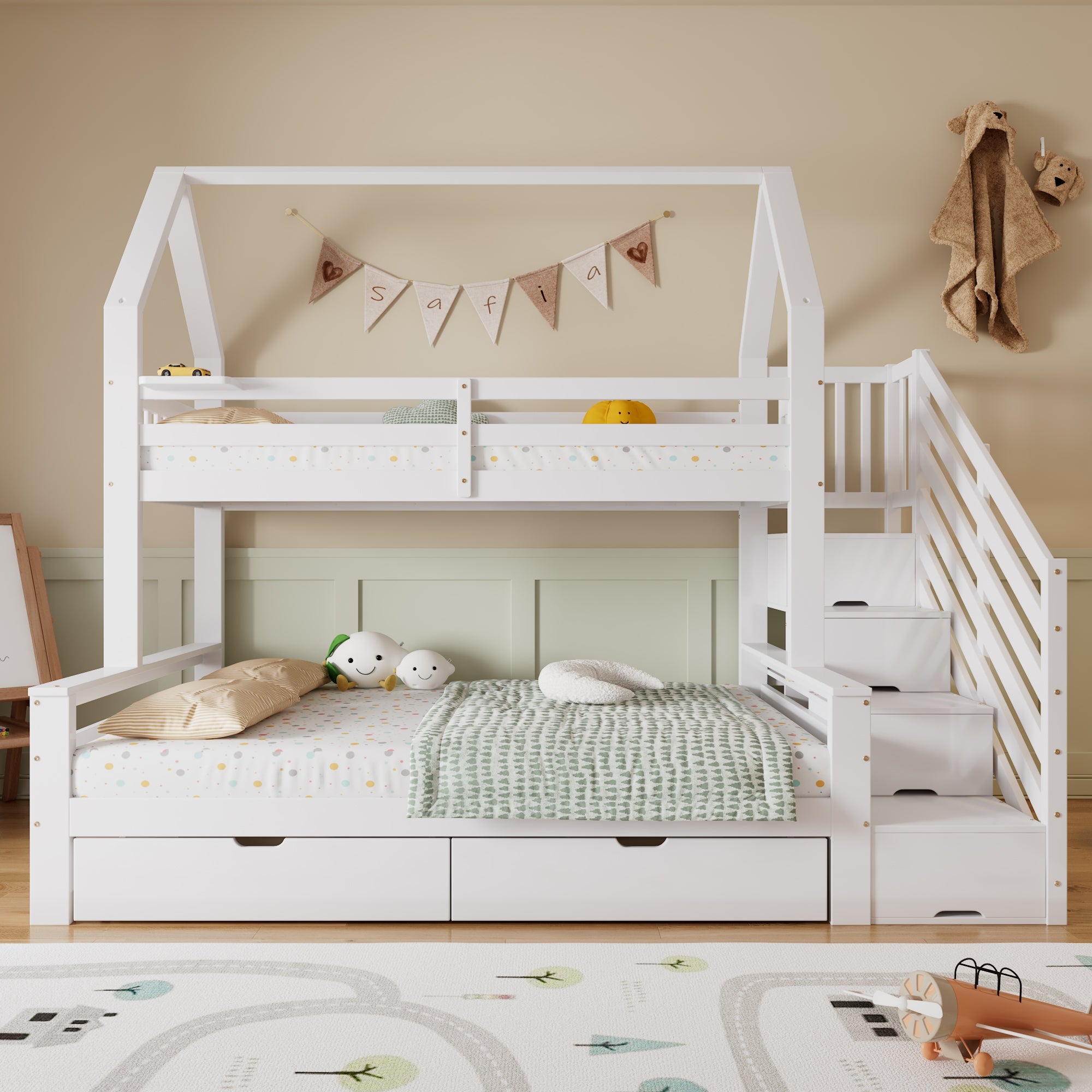 Logidon stapelbed kinderbed wit 90x200 en 140x200 met dakdesign