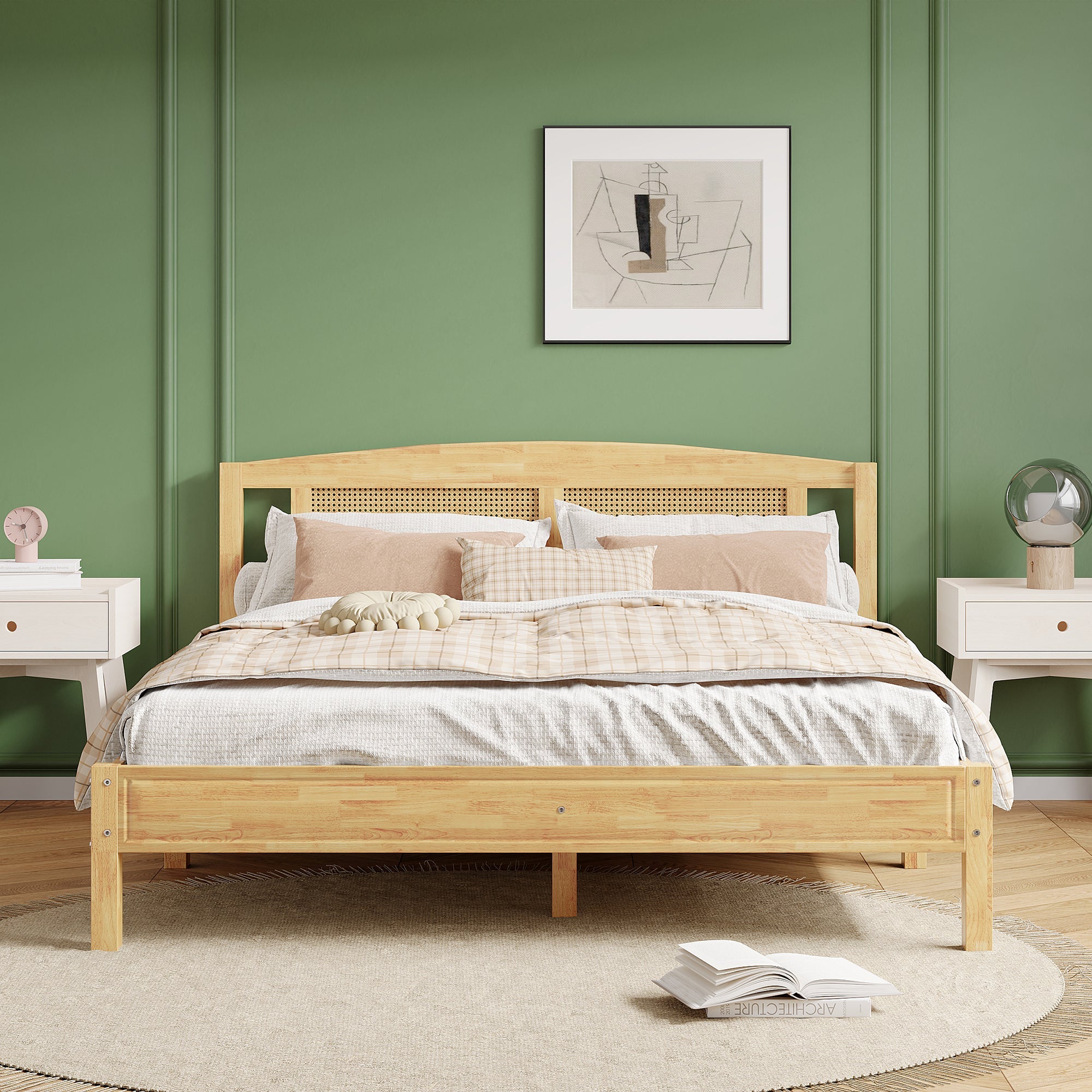 Logidon double bed 160x200 cm wood with natural rattan 15 slats
