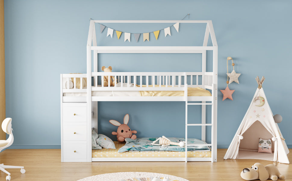 Logidon Bunk Bed 90x200 House Shape White With Security Fence Storage