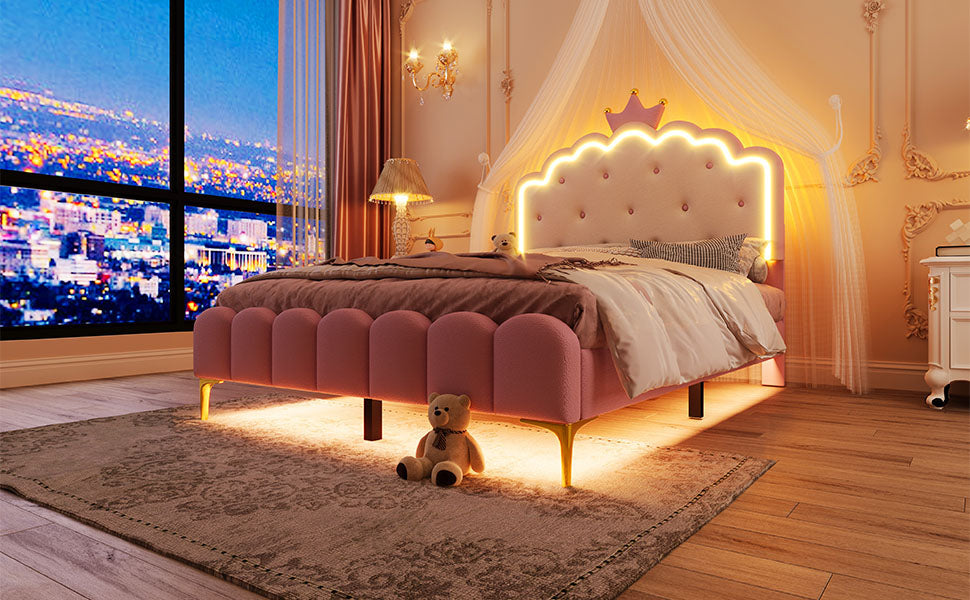 Logidon gestoffeerd bed 140x200 roze met lattenbodem LED-verlichting