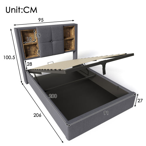 Logidon gestoffeerd bed 90x200 cm grijs met draadloos opladen USB C en opbergruimte