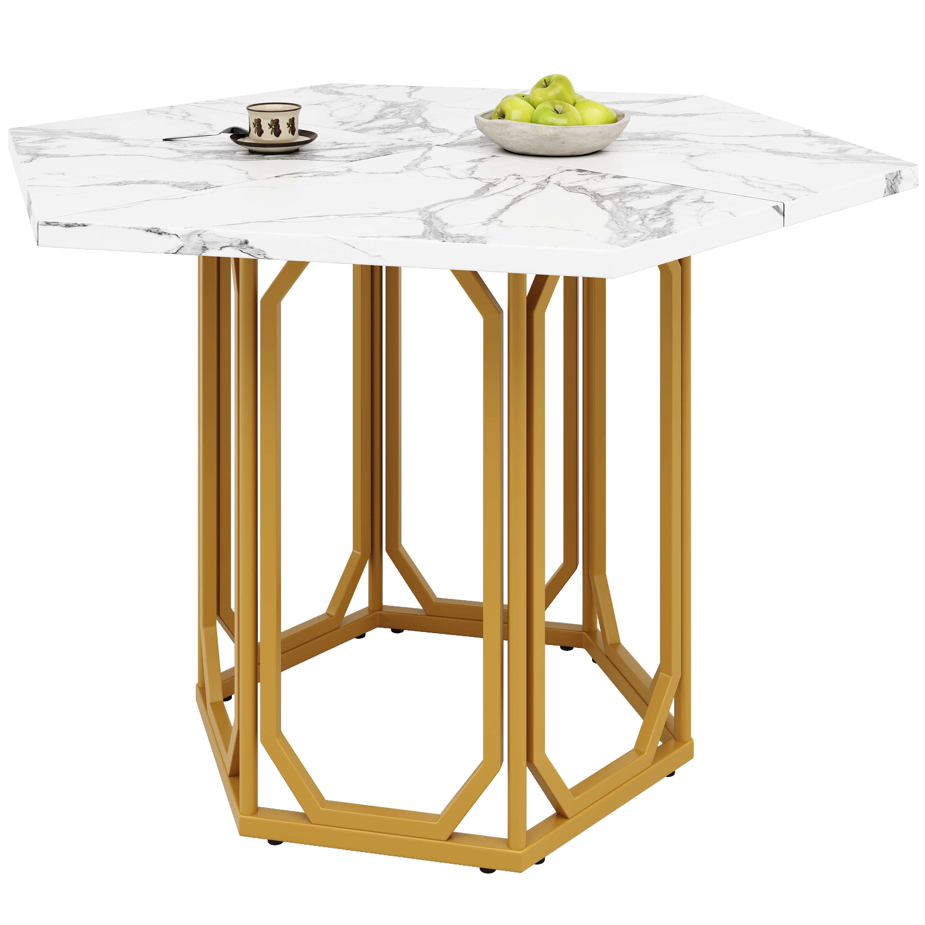 Logidon Zeshoekige Marmeren Tafel Goud MDF Keukentafel 110x95 cm