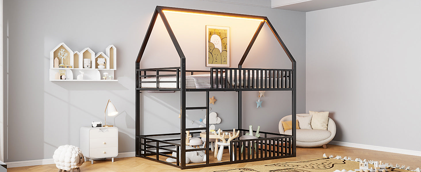 Logidon House stapelbed 140x200 met hekwerk en LED-licht zwart