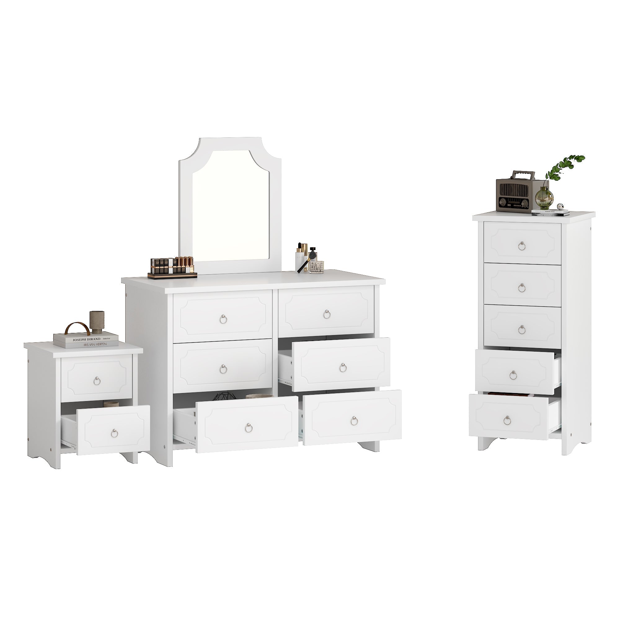 Logidon storage trio white bedside table mirror cabinet and 5 drawers