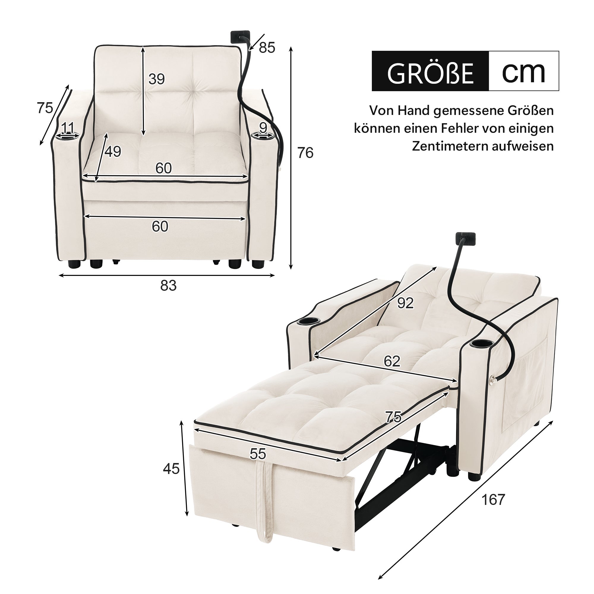 Logidon beige 3-in-1 uittrekbare slaapbank met bekerhouders