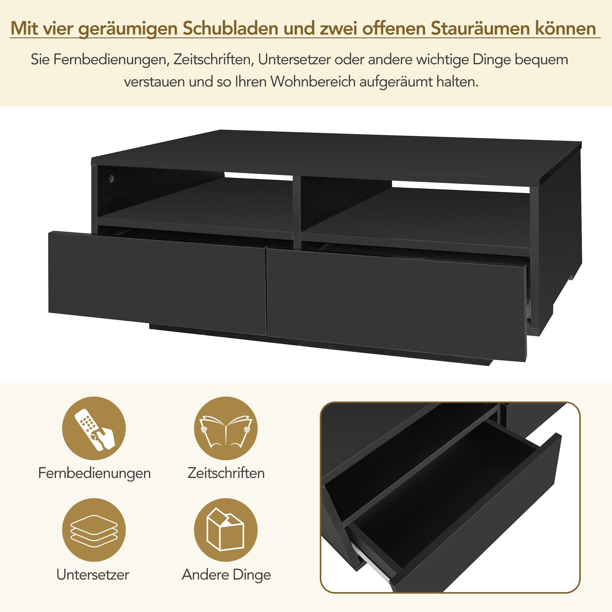 Logidon LED high gloss coffee table with 4 drawers and 16 colors LED USB