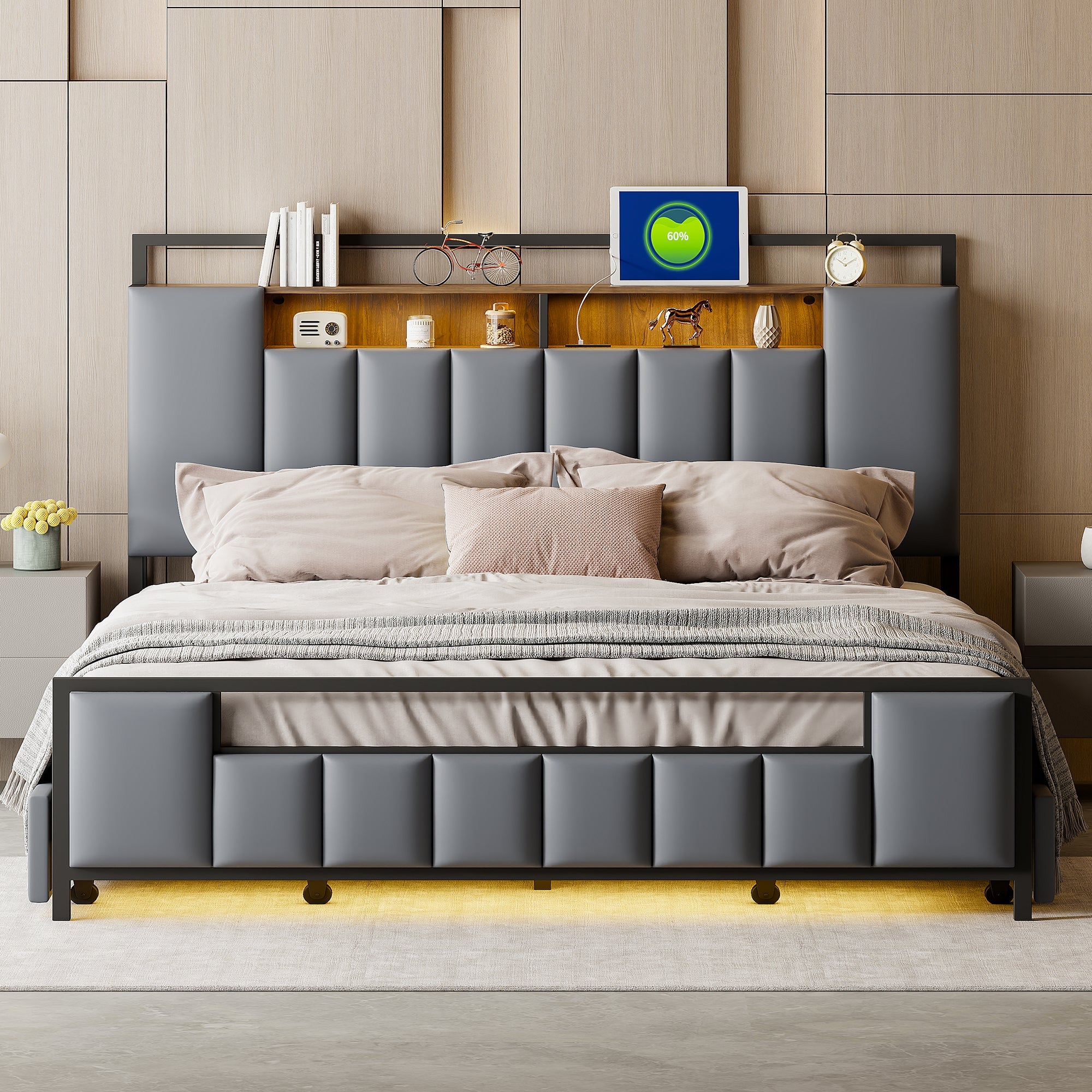 Logidon gestoffeerd bed 160x200 cm grijs kunstleer met LED USB-laden