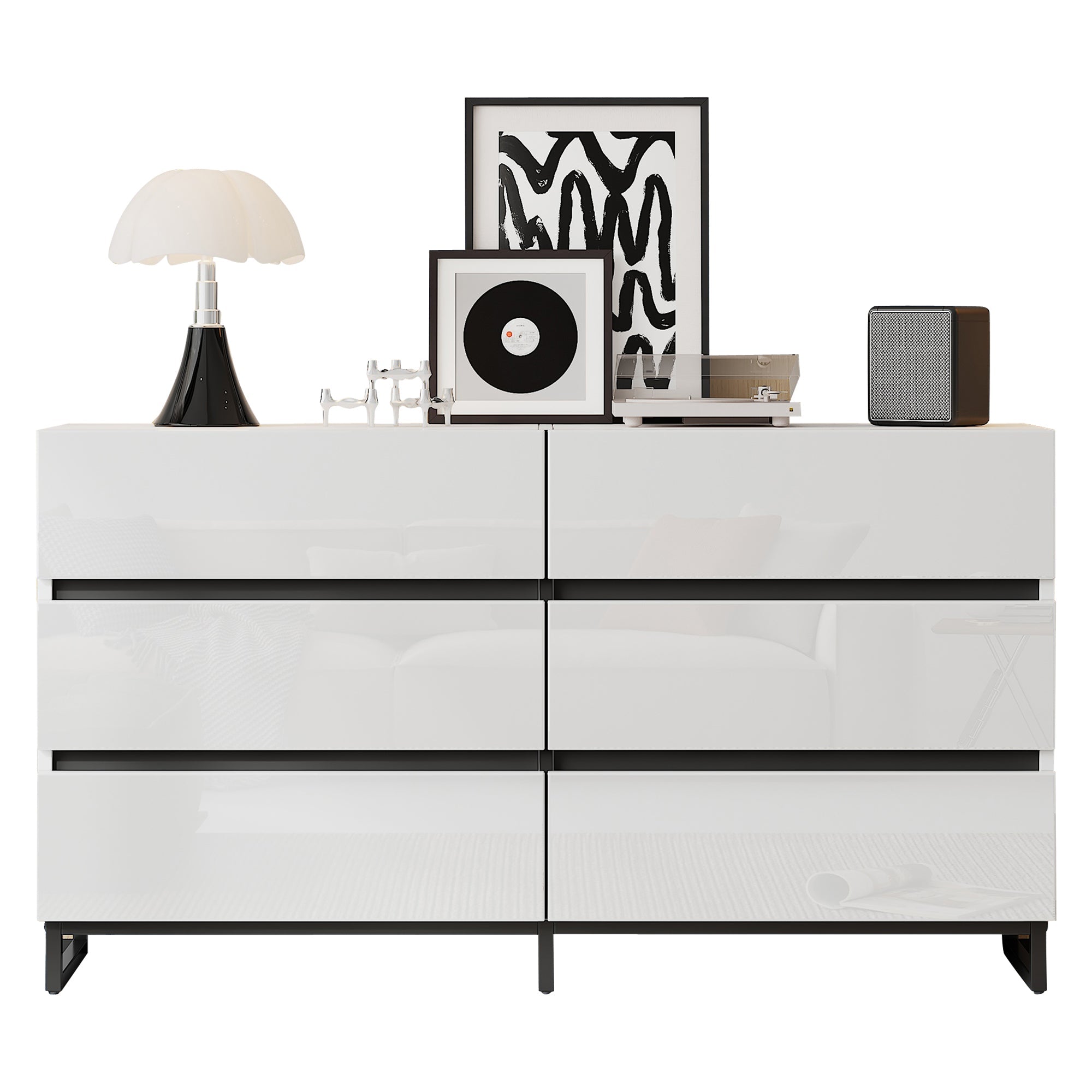 Logidon dressoir 140 cm hoogglans wit zwart met 6 lades