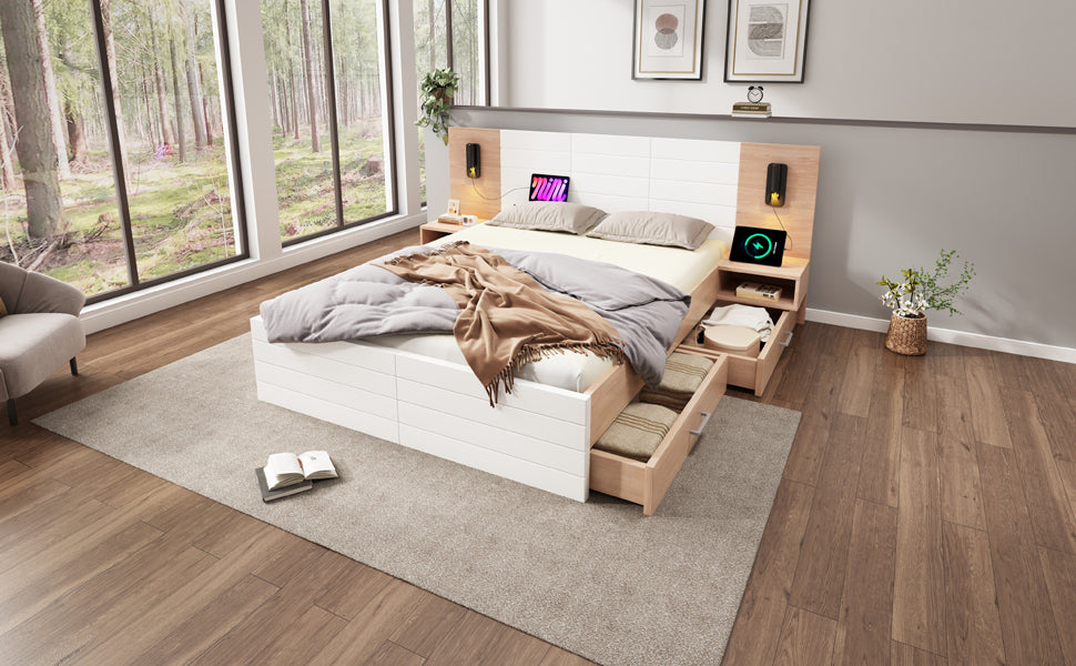Logidon tweepersoonsbed 140x200 met leeslamp USB 2 laden eiken wit