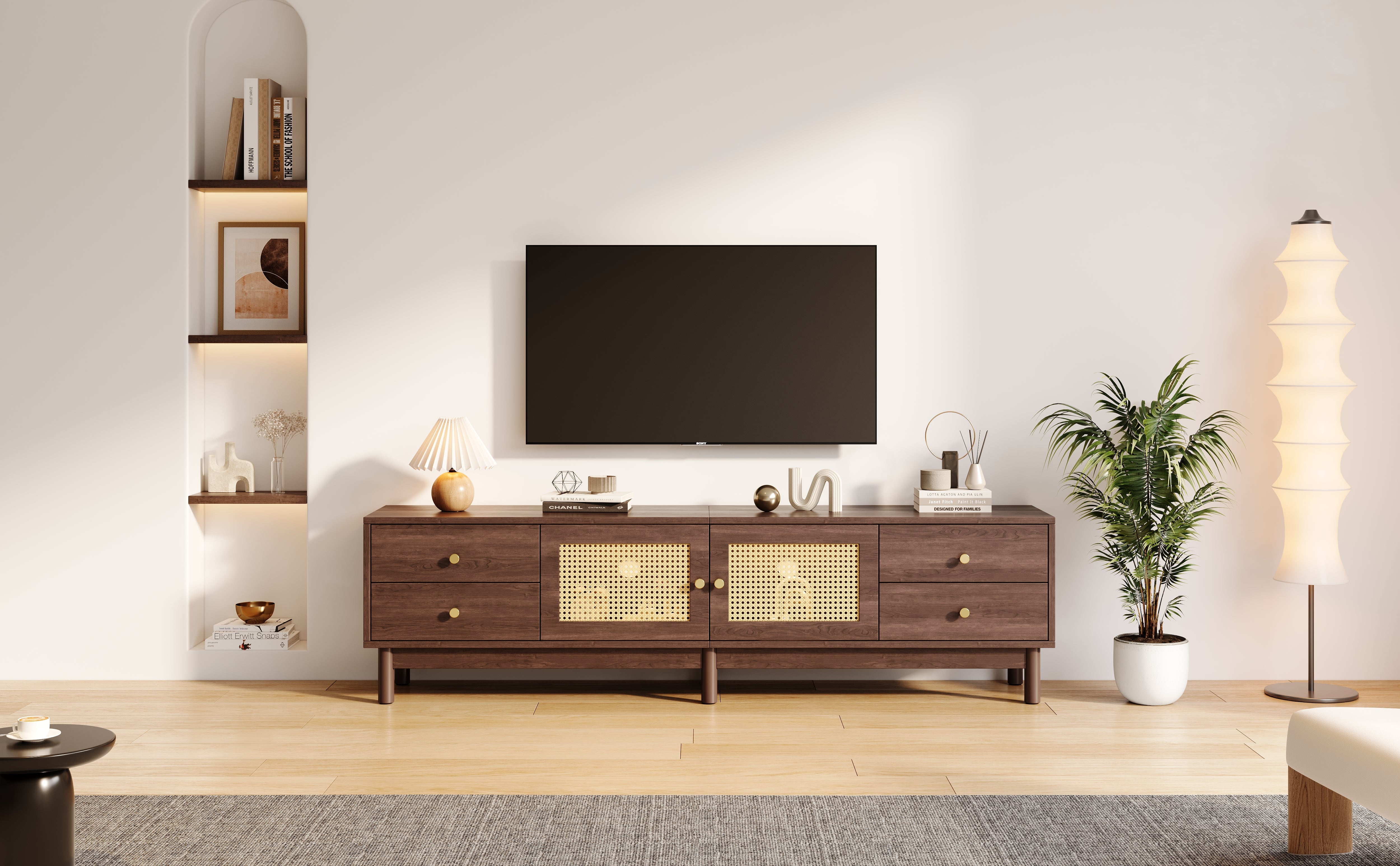 Logidon TV cabinet 180 cm dark wood look rattan doors cable management