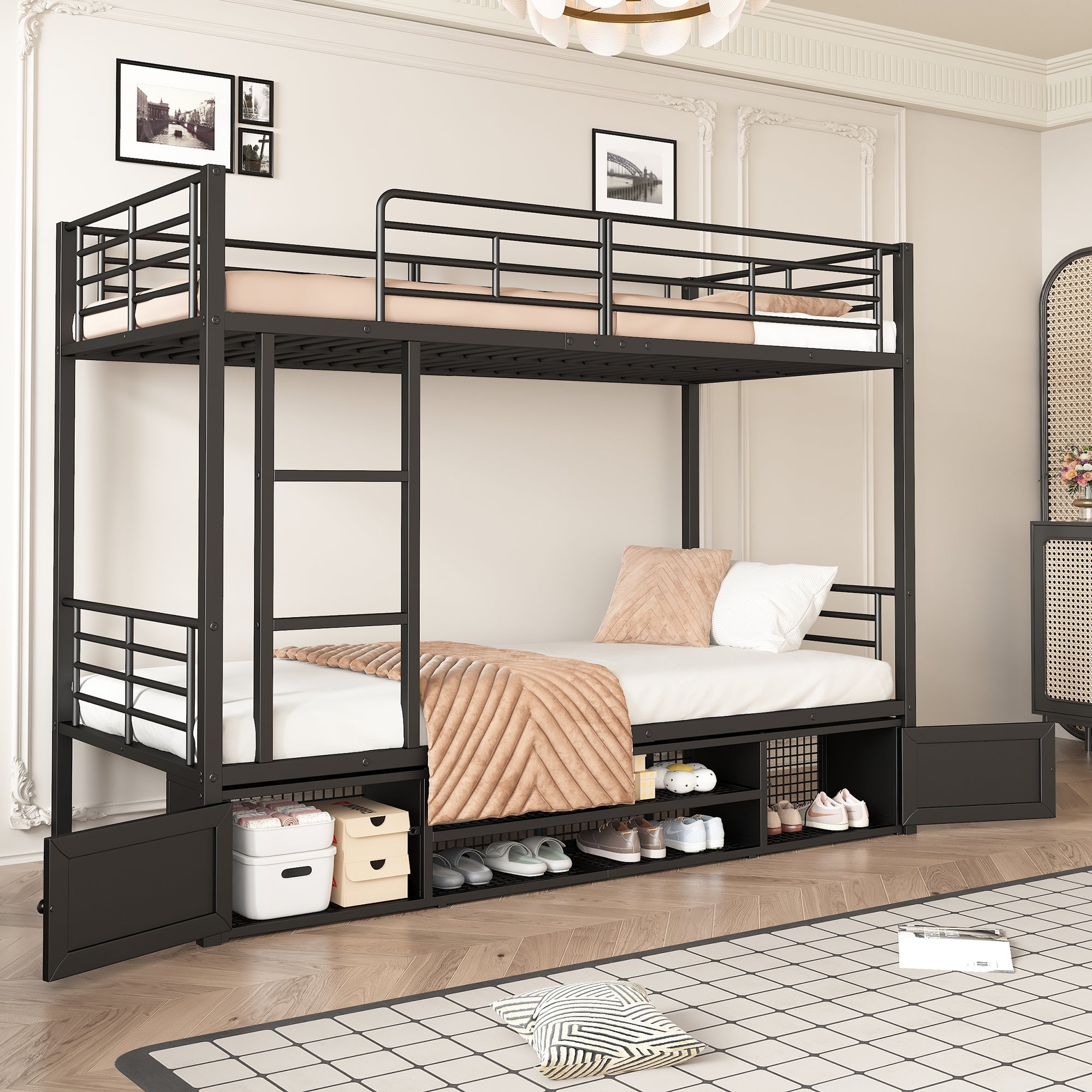 Logidon stapelbed ijzeren frame zwart 90x200 cm met schoenenrek