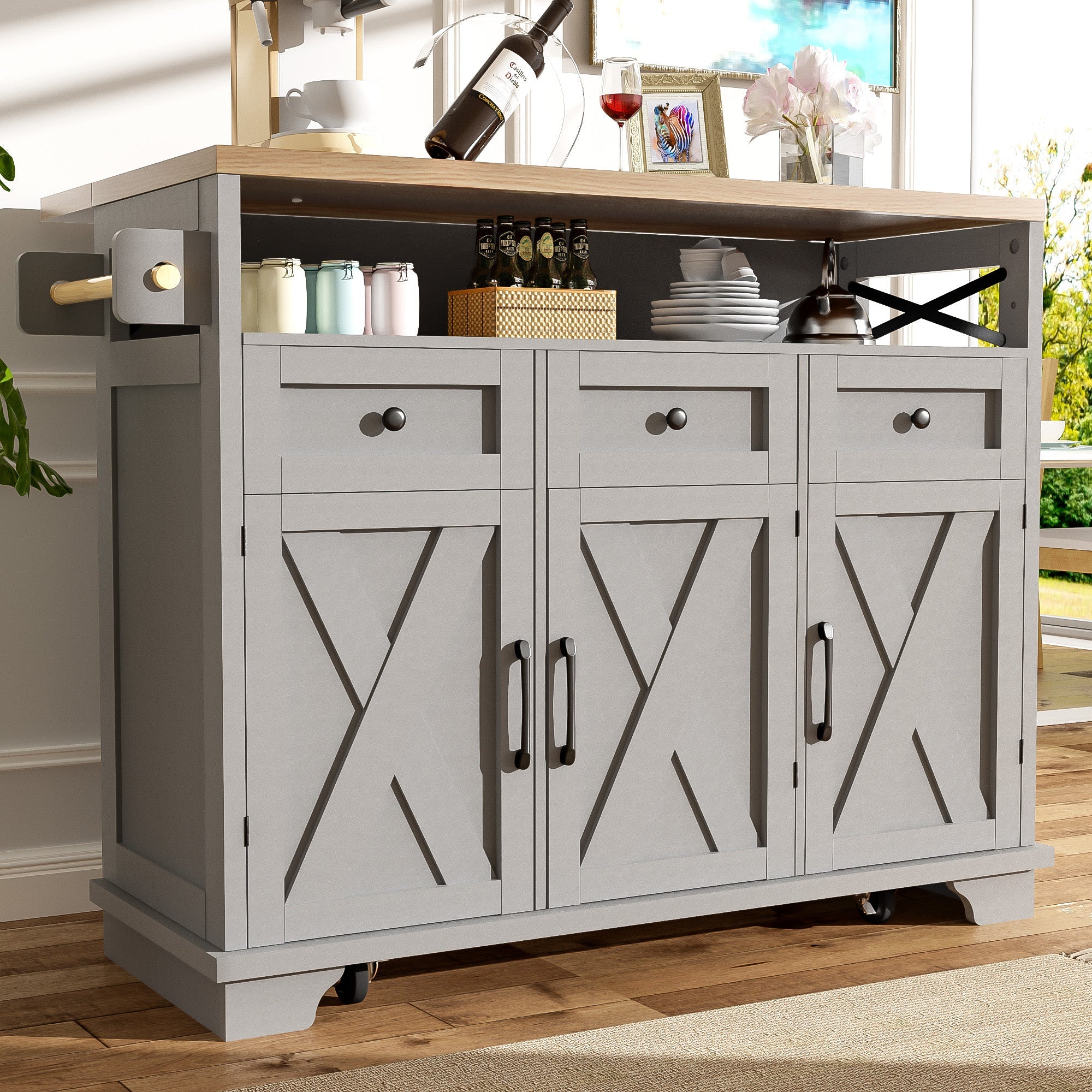Logidon keukeneiland grijs met veel opbergruimte 118 x 43-80 x 98 cm