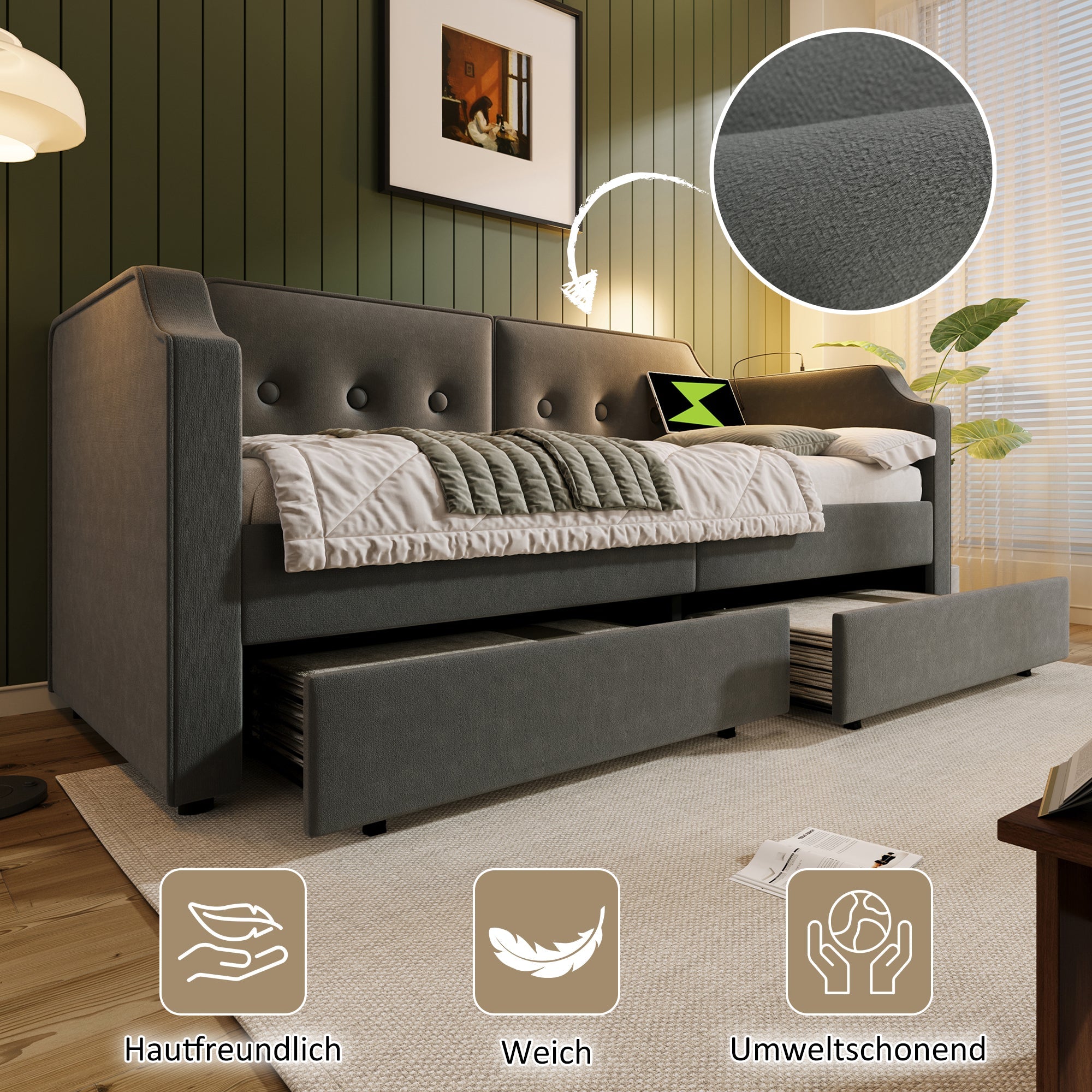 Logidon gestoffeerde slaapbank 90x200 cm fluweelgrijs USB-leeslamp
