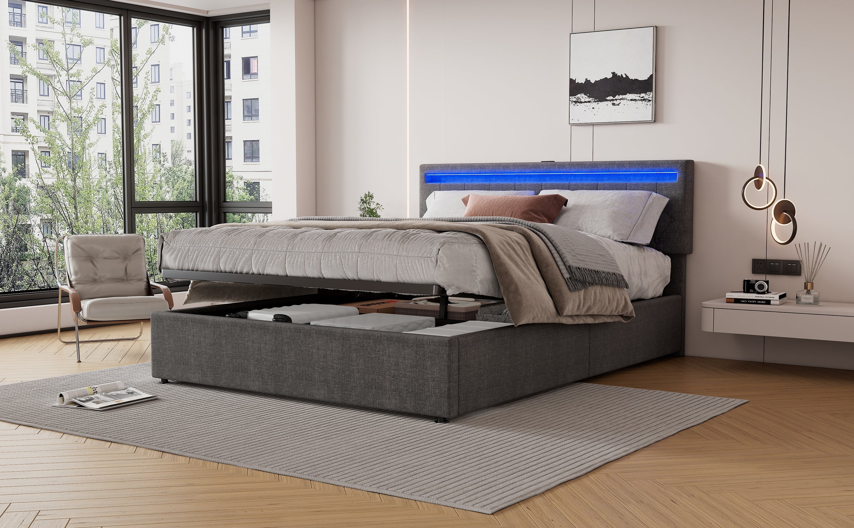 Logidon grijs gestoffeerd bed 160x200 cm met LED Ambient USB-C
