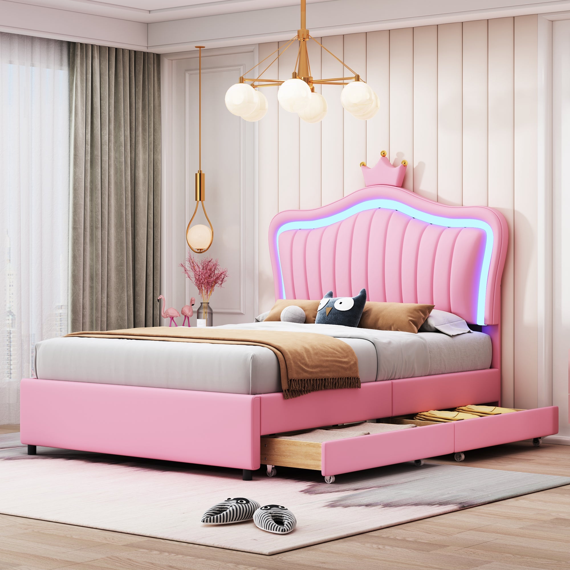 Logidon kinderbed roze 90x200 gestoffeerd bed met LED verlichting